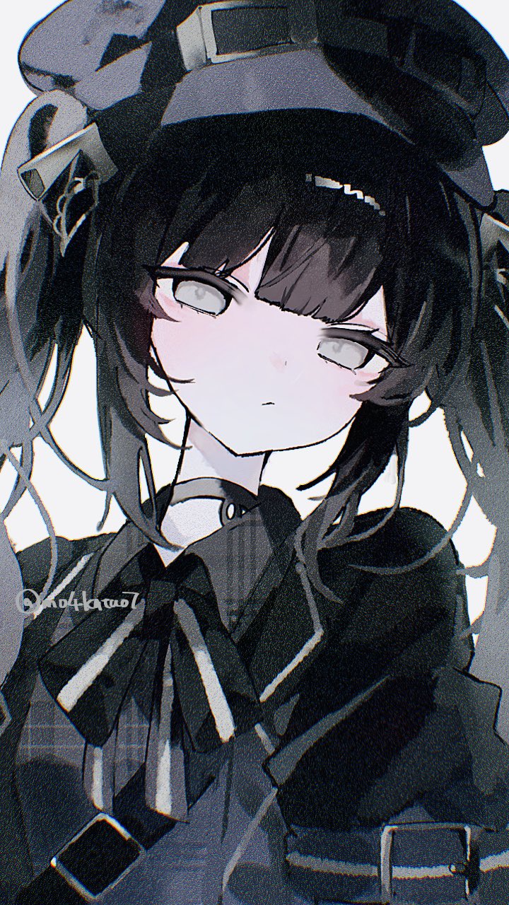 simple ice, mahou shoujo no majo saiban, commentary request, highres, 1girl, black choker, black hair, black hat, black ribbon, black shirt, blunt bangs, choker, closed mouth, collared shirt, expressionless, film grain, goggles, goggles on headwear, grey eyes, hat, kurobe nanoka, long hair, looking at viewer, magical girl, neck ribbon, ribbon, shirt, solo, twintails, upper body, white background