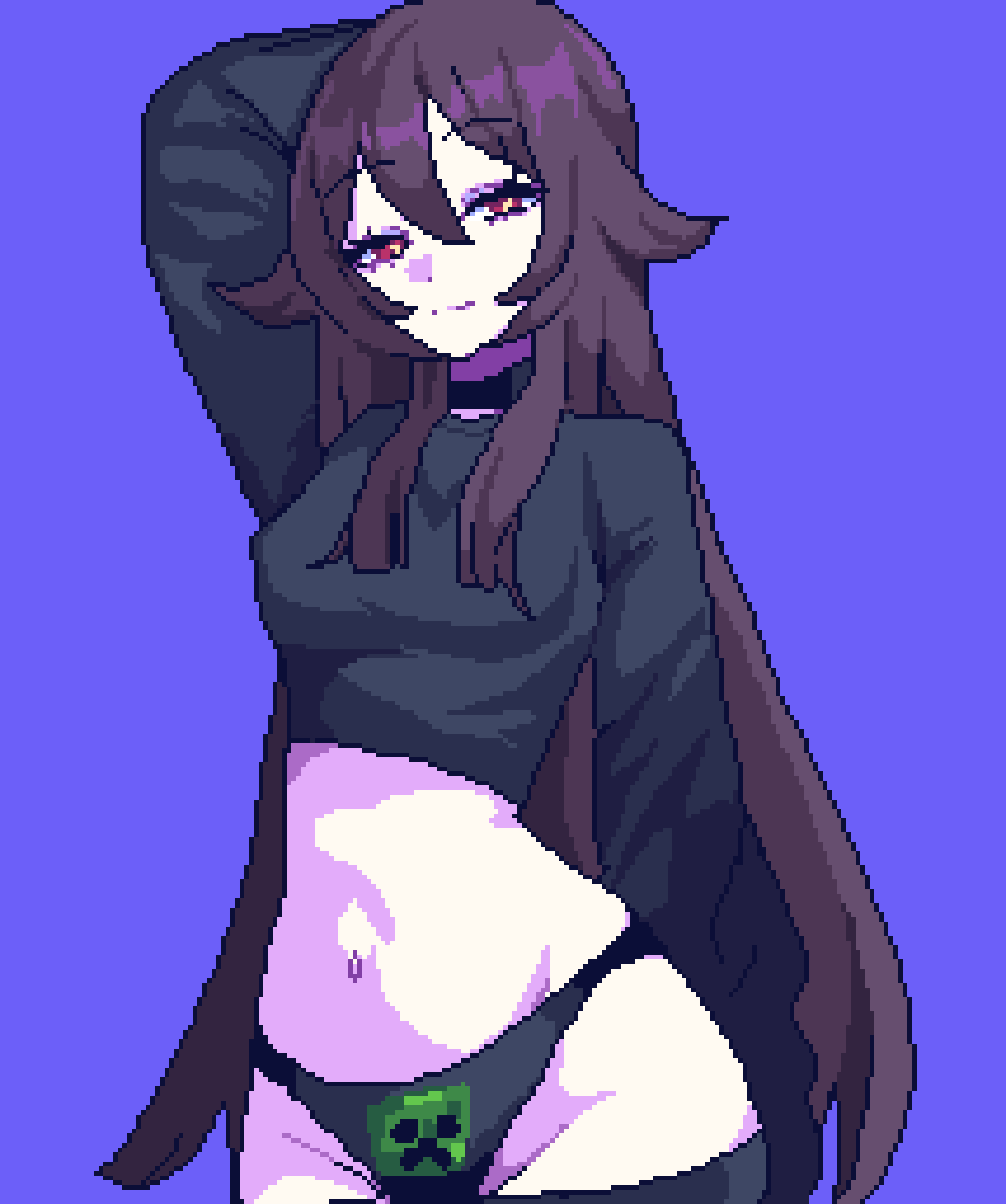 pixelcadete, creeper, hu tao (genshin impact), genshin impact, highres, 1girl, brown hair, long hair, long sleeves, navel, pixel art, red eyes, sidelocks, simple background, solo, twintails