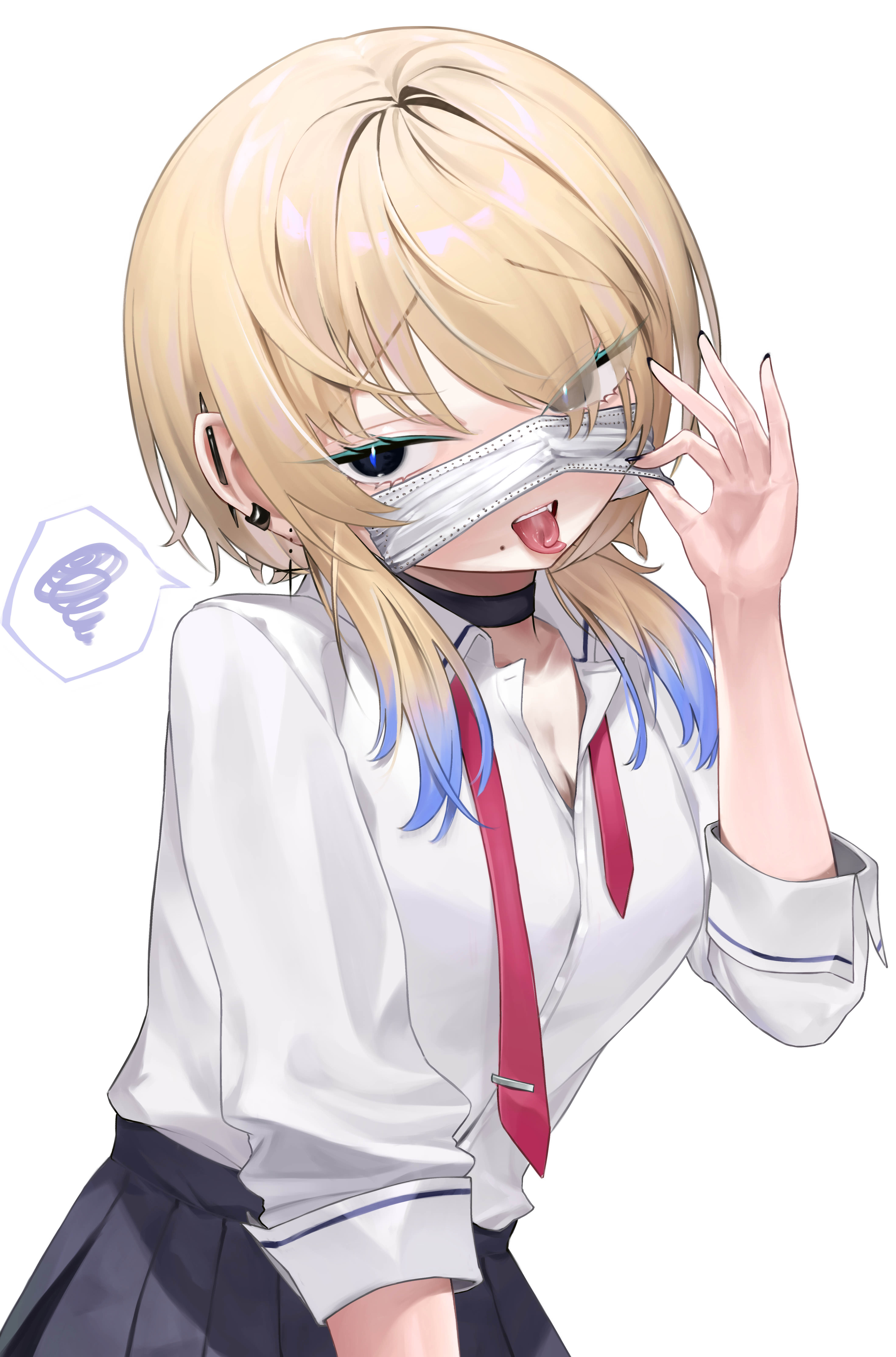 lechiennoir, original, absurdres, highres, 1girl, blonde hair, breasts, choker, cleavage, mask, medium breasts, mole, piercing, shirt, skirt, solo, tongue, tongue out, tongue piercing