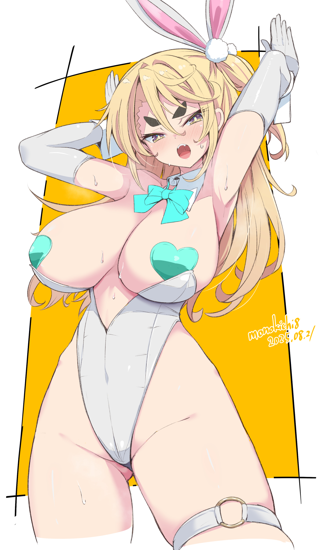 kichihachi, funada kiito, original, commentary request, highres, 1girl, animal ears, artist name, blonde hair, breasts, dated, fake animal ears, gloves, gluteal fold, grey gloves, grey leotard, hair between eyes, hands up, heart pasties, large breasts, leotard, long hair, looking at viewer, multicolored hair, o-ring, o-ring thigh strap, open mouth, orange background, pasties, rabbit ears, solo, standing, thick eyebrows, thigh strap, thighs, two-tone hair, white background, yellow eyes