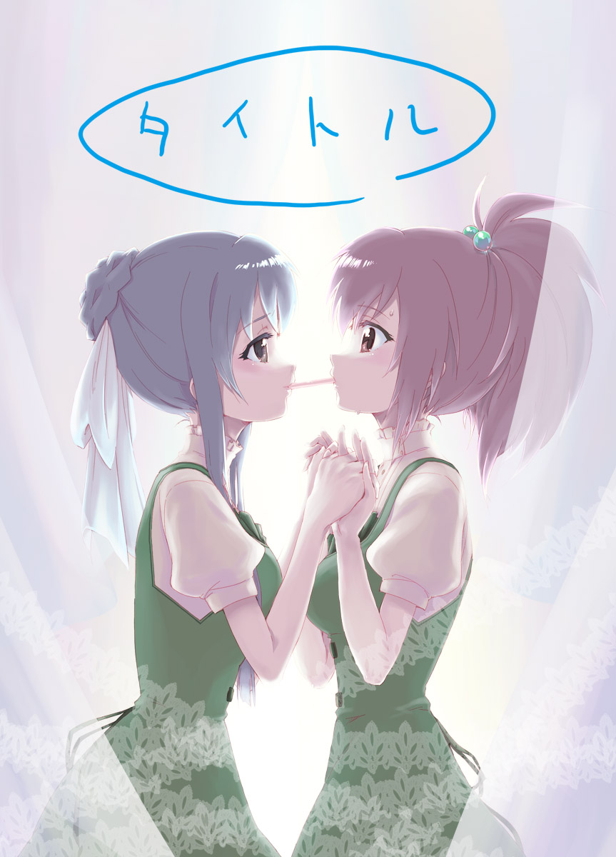 scotch (blaze), aoi nagisa, suzumi tamao, strawberry panic!, highres, translated, 00s, 2girls, blue hair, blush, curtains, dress, eye contact, female focus, food, from side, holding hands, interlocked fingers, japanese text, looking at another, multiple girls, pocky, pocky kiss, profile, red eyes, red hair, school uniform, shared food, sidelocks, standing, yuri