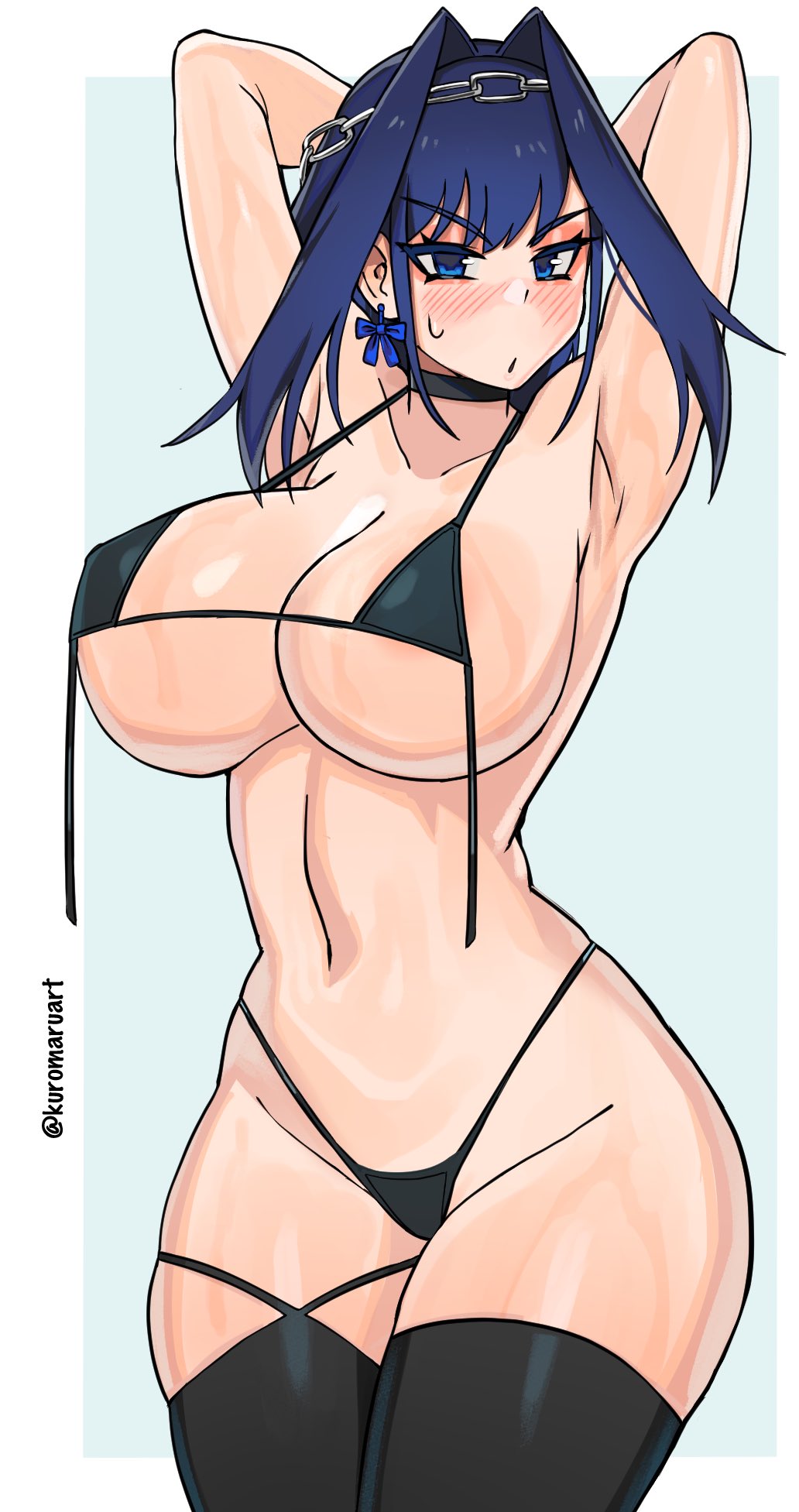 kuromaruart, ouro kronii, hololive, hololive english, 1girl, armpits, arms behind head, arms up, bikini, black bikini, black thighhighs, blue background, blue eyes, blue hair, blush, breasts, closed mouth, collarbone, covered erect nipples, cowboy shot, dot mouth, dot nose, earrings, embarrassed, eyelashes, female focus, huge breasts, jewelry, looking at viewer, matching hair/eyes, medium hair, open clothes, serious, simple background, solo, standing, swimsuit, thighhighs, two-tone background, untied bikini, virtual youtuber, white background, wide hips