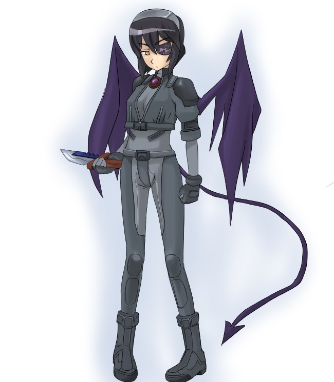ghost in the shell, tagme, 1girl, black hair, knife, orange eyes, short hair, simple background, standing, white background