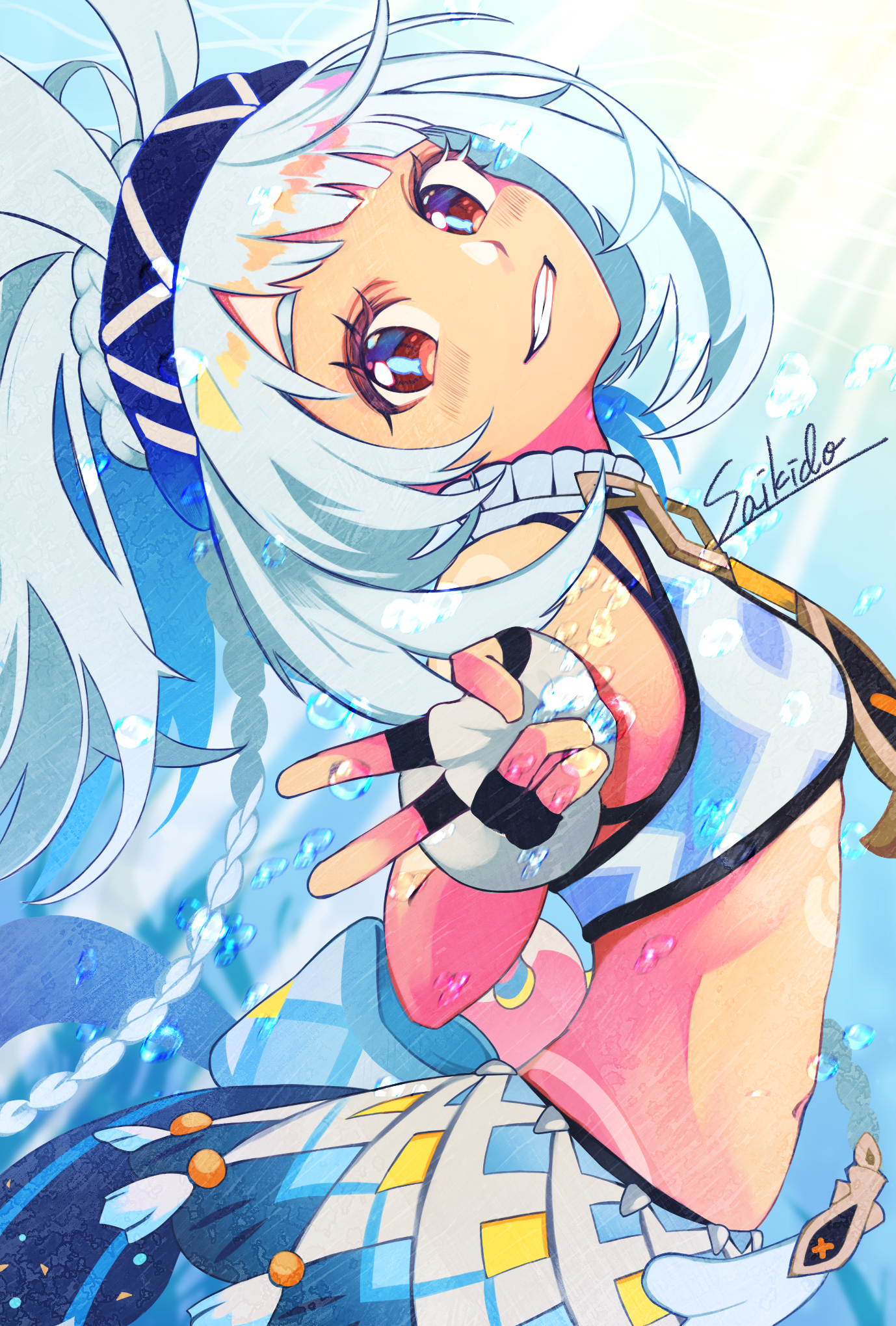 mualani (genshin impact), genshin impact, highres, 1girl, arched back, bandana, bikini, bikini top only, blue bandana, blue hair, braid, dark-skinned female, dark skin, fingerless gloves, from side, gloves, grin, hitaren illust, leaning back, long hair, looking at viewer, looking to the side, midriff, miniskirt, multicolored skirt, navel, red eyes, signature, skirt, smile, solo, stomach, swimsuit, v, white bikini, white gloves, white skirt