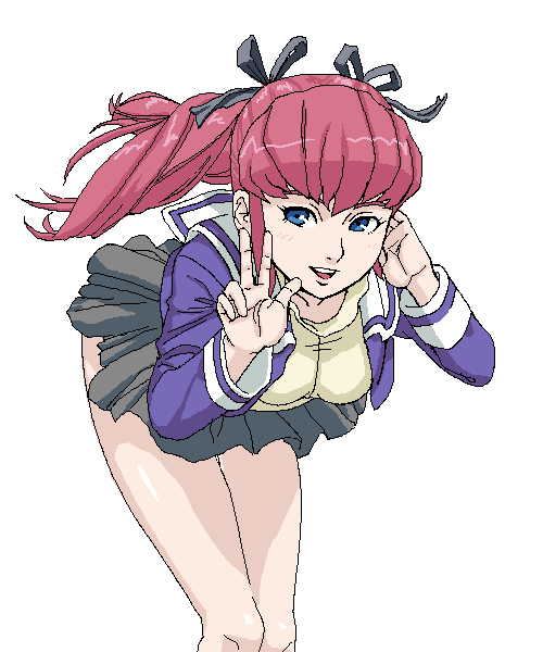 haman karn, char's deleted affair, gundam, blue eyes, bow, leaning forward, miniskirt, oekaki, pink hair, school uniform, serafuku, skirt, smile, solo, twintails, v