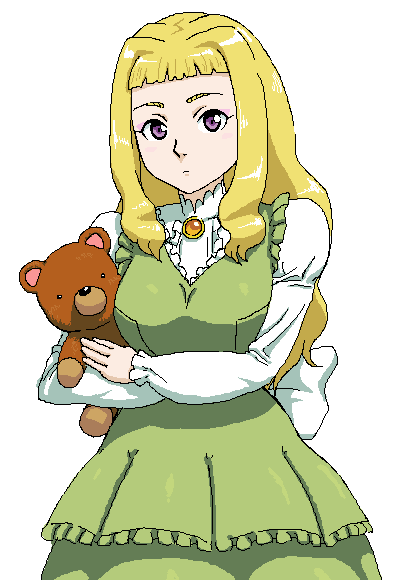 hac9, haruka armitage, my-hime, tagme, 00s, 1girl, blonde hair, dress, female focus, oekaki, purple eyes, simple background, solo, stuffed animal, stuffed toy, teddy bear
