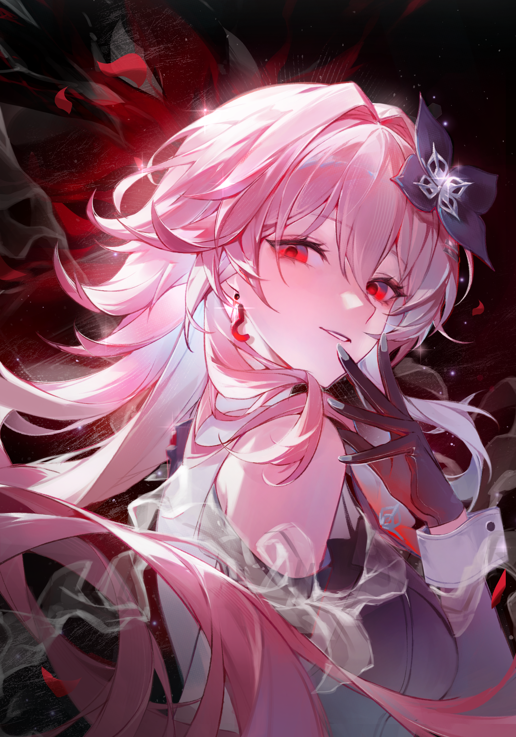 sohan (sohan 416), evernight (honkai: star rail), march 7th (honkai: star rail), honkai: star rail, honkai (series), commentary, highres, 1girl, bare shoulders, black background, black flower, black gloves, breasts, clothing cutout, earrings, flower, from side, gloves, hair flower, hair ornament, hand to own mouth, hand up, jewelry, long hair, looking at viewer, medium breasts, parted lips, pink hair, red background, red eyes, shoulder cutout, sideways glance, solo, upper body
