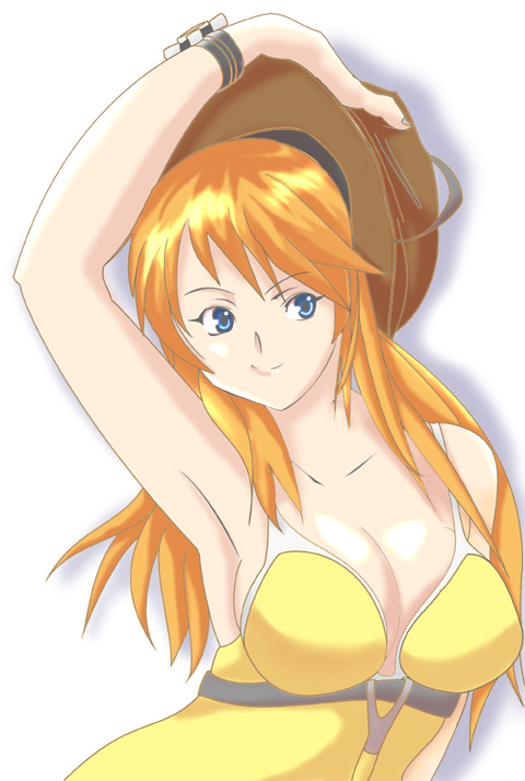 meg (bakuretsu tenshi), bakuretsu tenshi, tagme, 00s, 1girl, blue eyes, breasts, cleavage, cowboy hat, female focus, gradient background, hat, long hair, solo