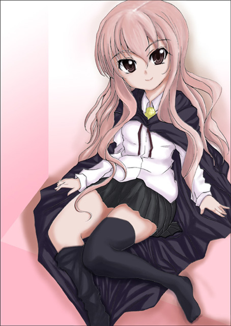 louise francoise le blanc de la valliere, zero no tsukaima, artist request, 00s, cape, long hair, pink hair, sitting, smile, thighhighs