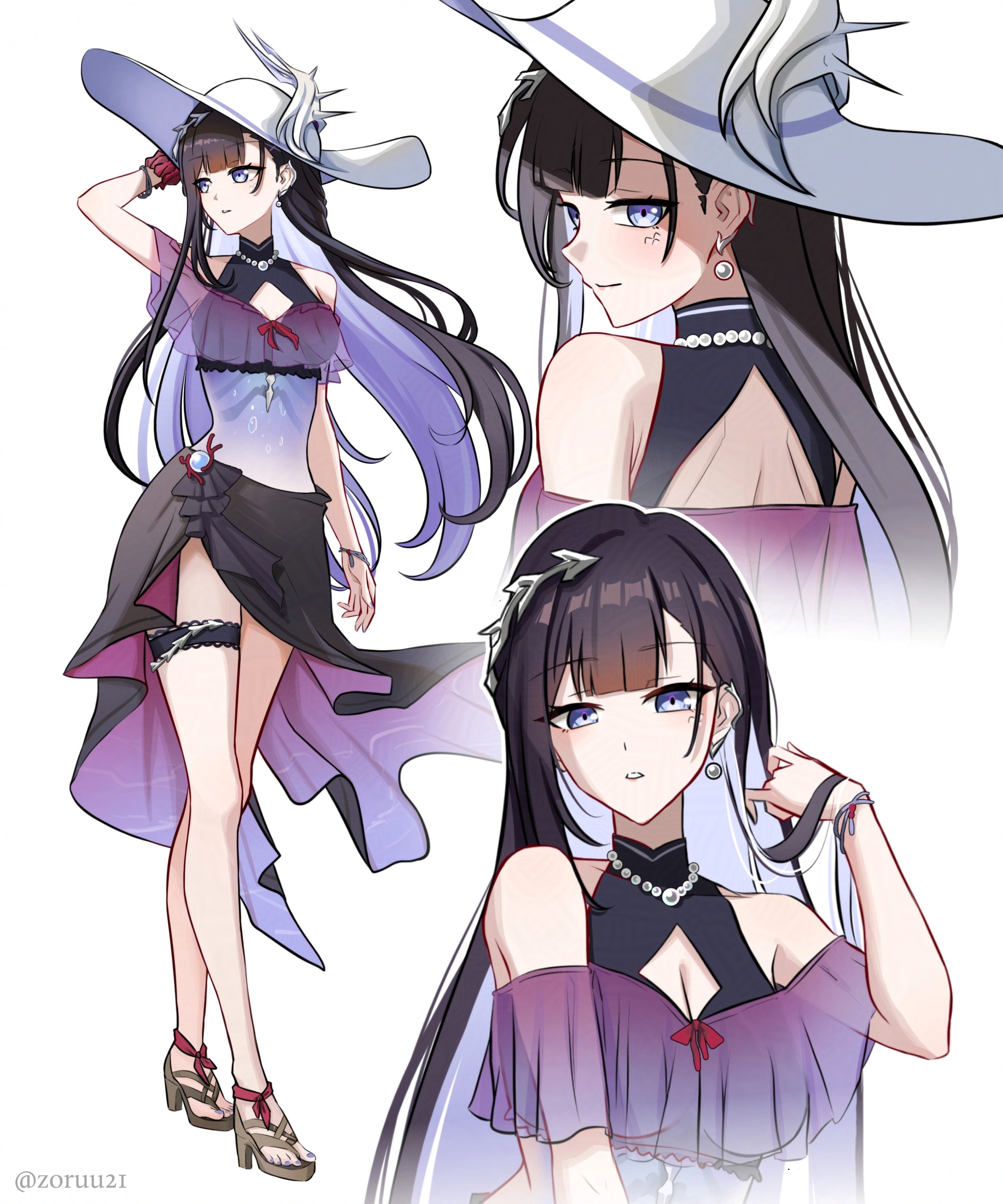 zoruu21, hysilens (honkai: star rail), honkai: star rail, honkai (series), absurdres, commentary, english commentary, highres, 1girl, alternate costume, arm up, bare legs, bare shoulders, black hair, black sarong, blue eyes, breasts, cleavage, closed mouth, colored inner hair, earclip, hand up, hat, hat ornament, legs, long hair, looking at viewer, multicolored hair, multiple views, nail polish, parted lips, purple hair, purple nails, sandals, sarong, scales, see-through body, simple background, smile, thigh strap, thighs, toenail polish, toenails, twitter username, very long hair, white background, white hat