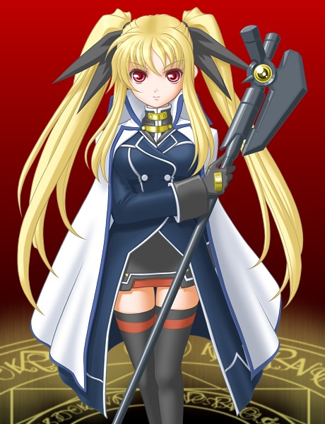 t2r, bardiche (assault form) (nanoha), bardiche (nanoha), fate testarossa, fate testarossa (impulse form), lyrical nanoha, mahou shoujo lyrical nanoha, mahou shoujo lyrical nanoha strikers, 00s, 1girl, blonde hair, cape, female focus, gloves, magic circle, magical girl, solo, thighhighs, twintails
