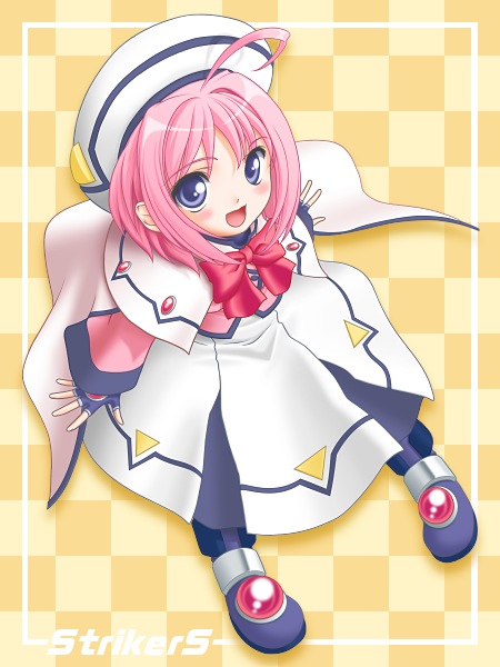 t2r, caro ru lushe, kerykeion (nanoha), lyrical nanoha, mahou shoujo lyrical nanoha, mahou shoujo lyrical nanoha strikers, 00s, 1girl, ahoge, blue eyes, cape, coat, copyright name, female focus, fingerless gloves, gloves, hat, magical girl, pink hair, solo