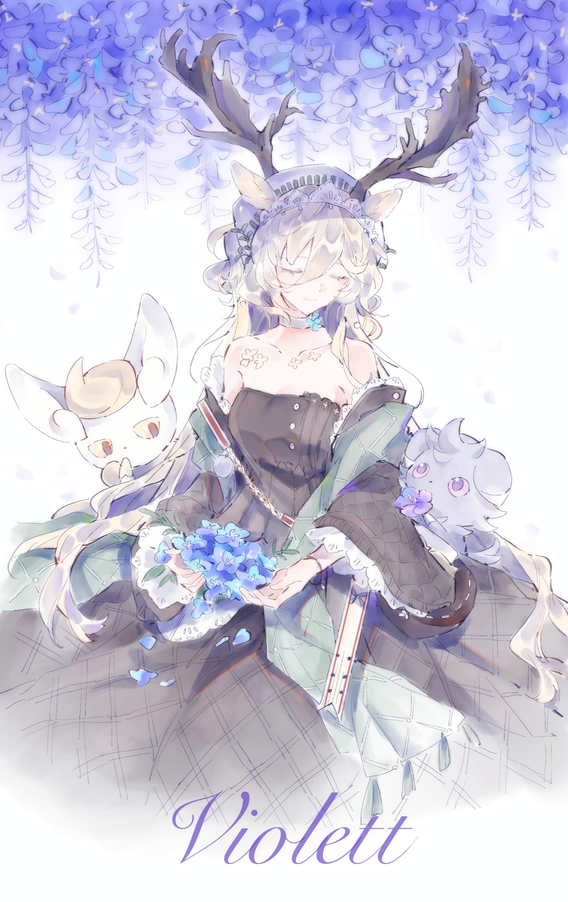 qiancengmian shatanwang, viviana (arknights), arknights, absurdres, commentary request, highres, 1girl, animal ears, antlers, bare shoulders, black dress, blonde hair, choker, closed eyes, detached sleeves, dress, hair between eyes, horns, long sleeves, off shoulder, shawl, smile, strapless, strapless dress, viviana (sent from ognisko) (arknights), white background