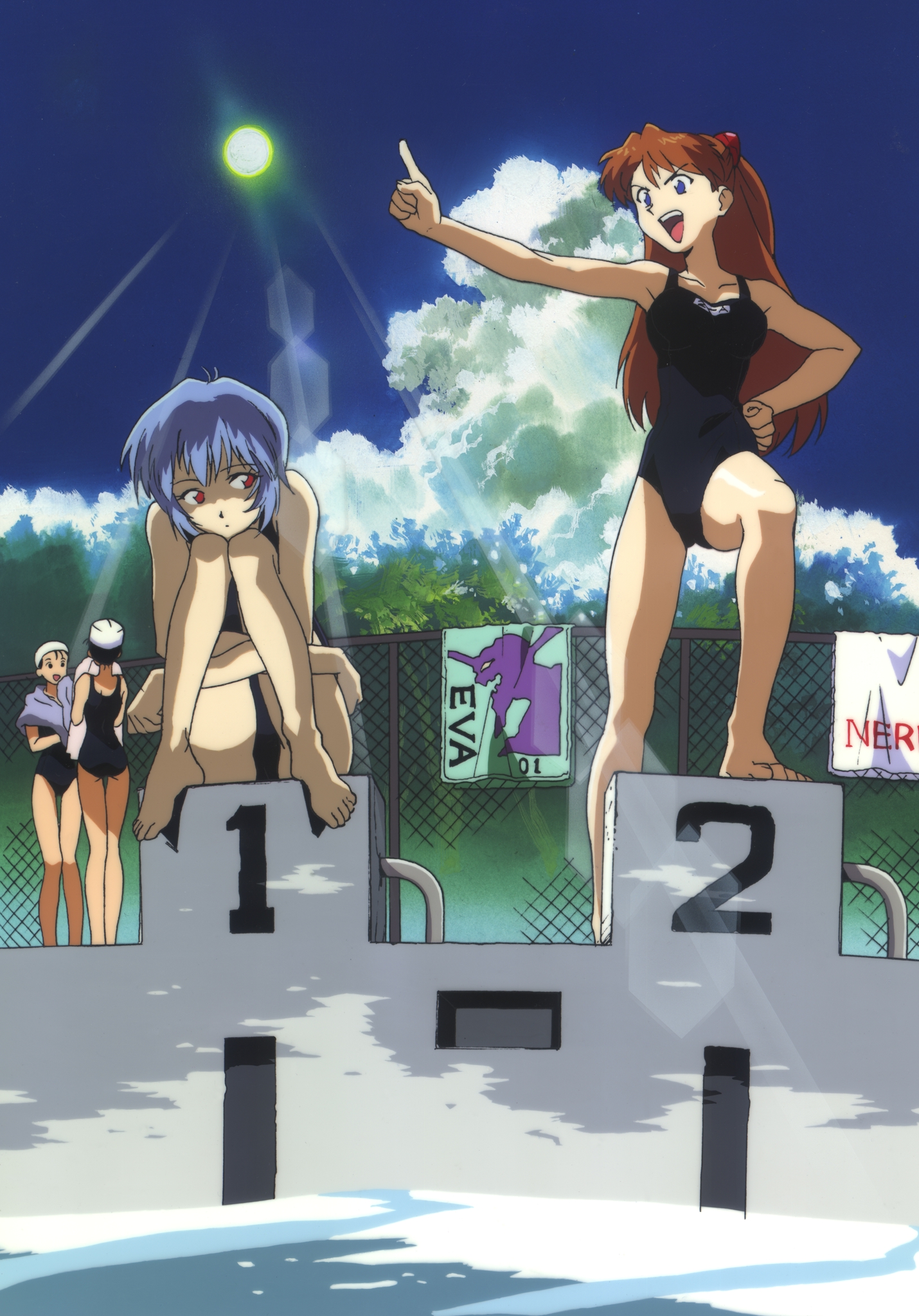 ayanami rei, souryuu asuka langley, neon genesis evangelion, highres, 4girls, barefoot, blue eyes, blue hair, cloud, female focus, lens flare, multiple girls, one-piece swimsuit, open mouth, outdoors, pool, red eyes, school swimsuit, sky, sun, swimsuit