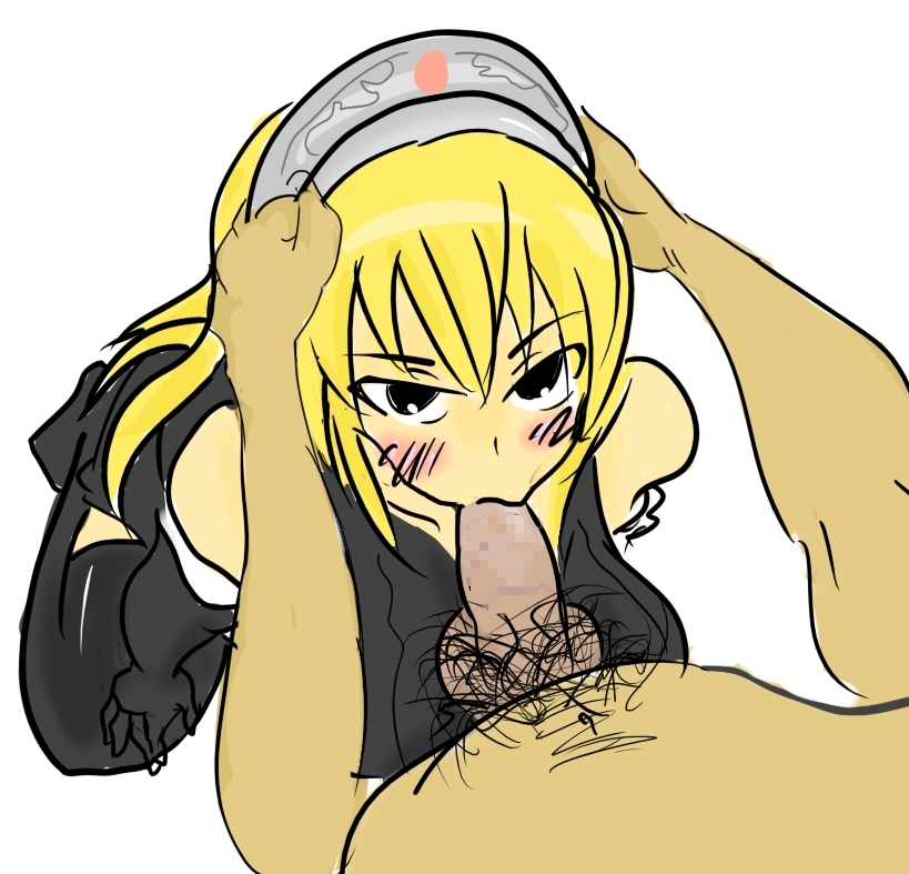 momio, hime (kaibutsu oujo), kaibutsu oujo, 00s, 1boy, 1girl, blonde hair, blush, censored, fellatio, from above, hands on another's head, hetero, oral, penis, striped blush, tiara