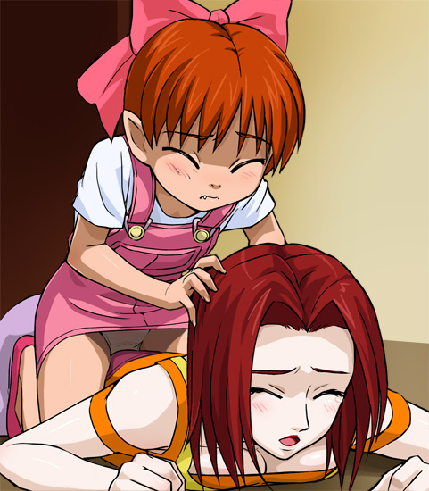 haruyama kazunori, nekomusume, nekomusume (gegege no kitarou 5), rokurokubi (gegege no kitarou), gegege no kitarou, gegege no kitarou 5, toei company, 2girls, bow, closed eyes, fang, hair ribbon, kneeling, multiple girls, panties, pantyshot, pink bow, pointy ears, ribbon, rokurokubi, underwear