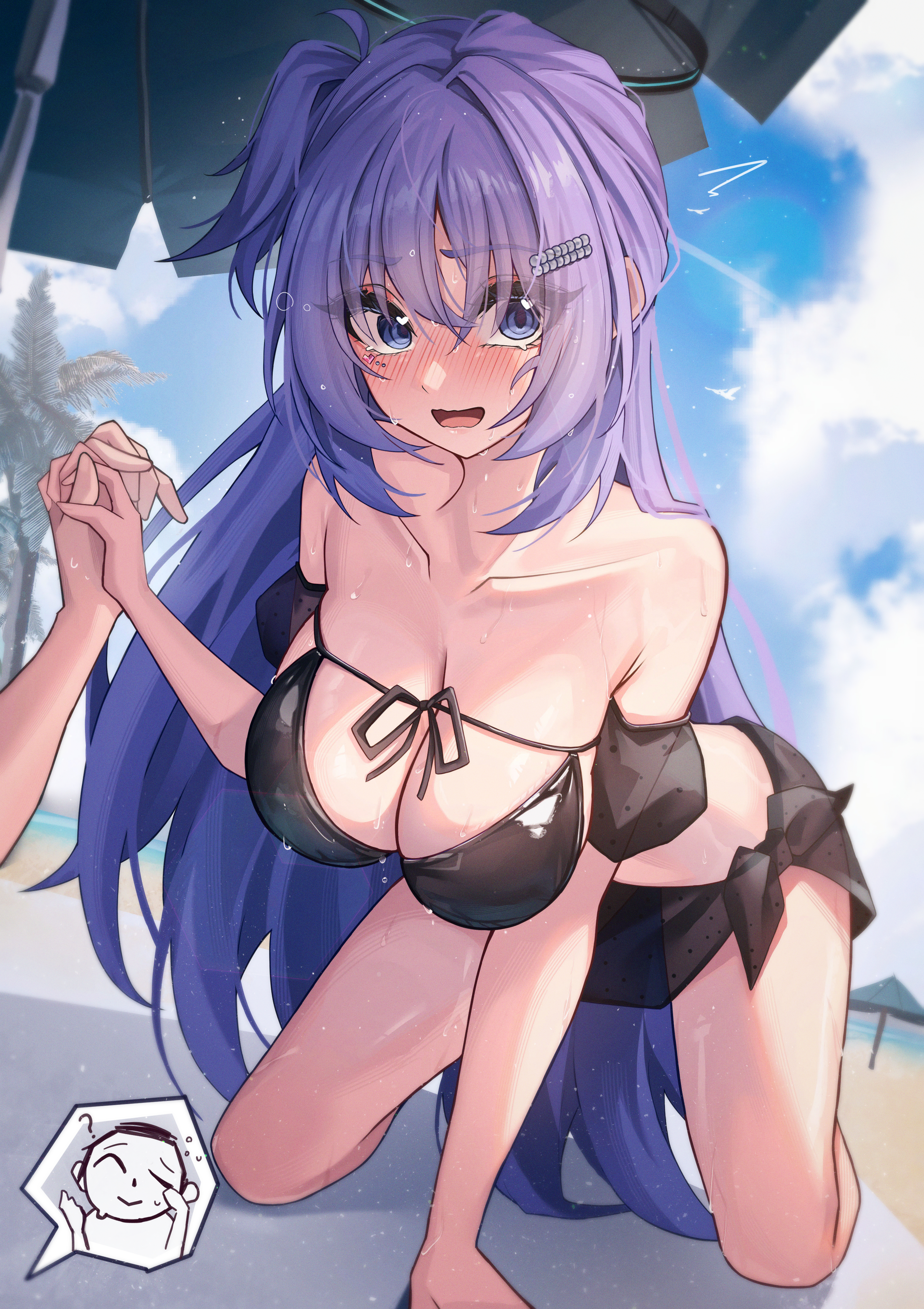 hidel, sensei (blue archive), yuuka (blue archive), blue archive, absurdres, highres, 1boy, 1girl, all fours, beach, beach umbrella, bikini, black bikini, black sarong, blue eyes, blue sky, blush, breasts, cleavage, cloud, day, detached sleeves, hand grab, heart, heart in eye, large breasts, long hair, looking at viewer, navel, one side up, open mouth, outdoors, pov, pov hands, puffy detached sleeves, puffy short sleeves, puffy sleeves, purple hair, sarong, short sleeves, sky, solo focus, swimsuit, symbol in eye, umbrella, very long hair