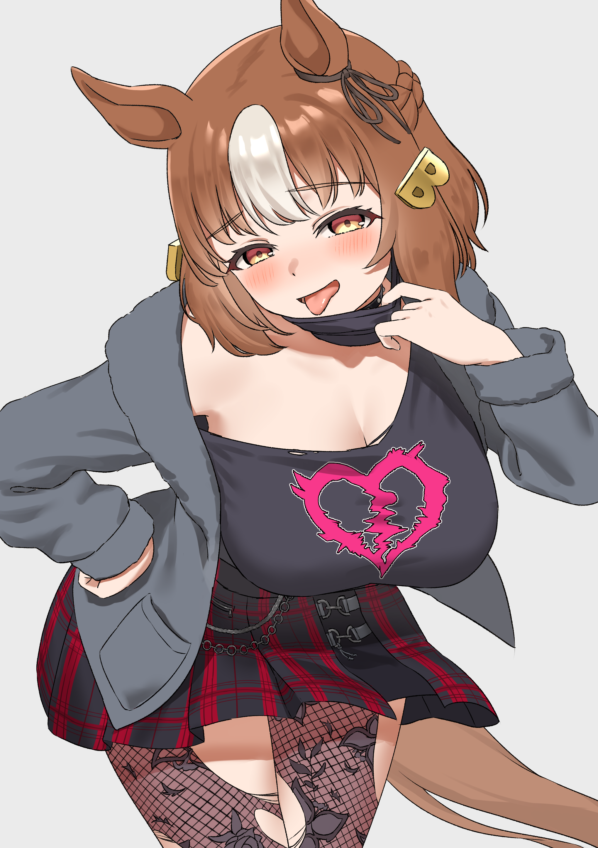 factory314, belno light (umamusume), umamusume, umamusume: cinderella gray, absurdres, commentary request, highres, 1girl, :p, animal ears, black ribbon, black shirt, blush, bow, breasts, cleavage, ear ribbon, fishnet pantyhose, fishnets, grey background, horse ears, horse girl, horse tail, large breasts, looking at viewer, multicolored hair, open mouth, orange eyes, pantyhose, ribbon, shirt, short hair, simple background, solo, streaked hair, tail, tongue, tongue out, torn clothes, torn pantyhose, white hair