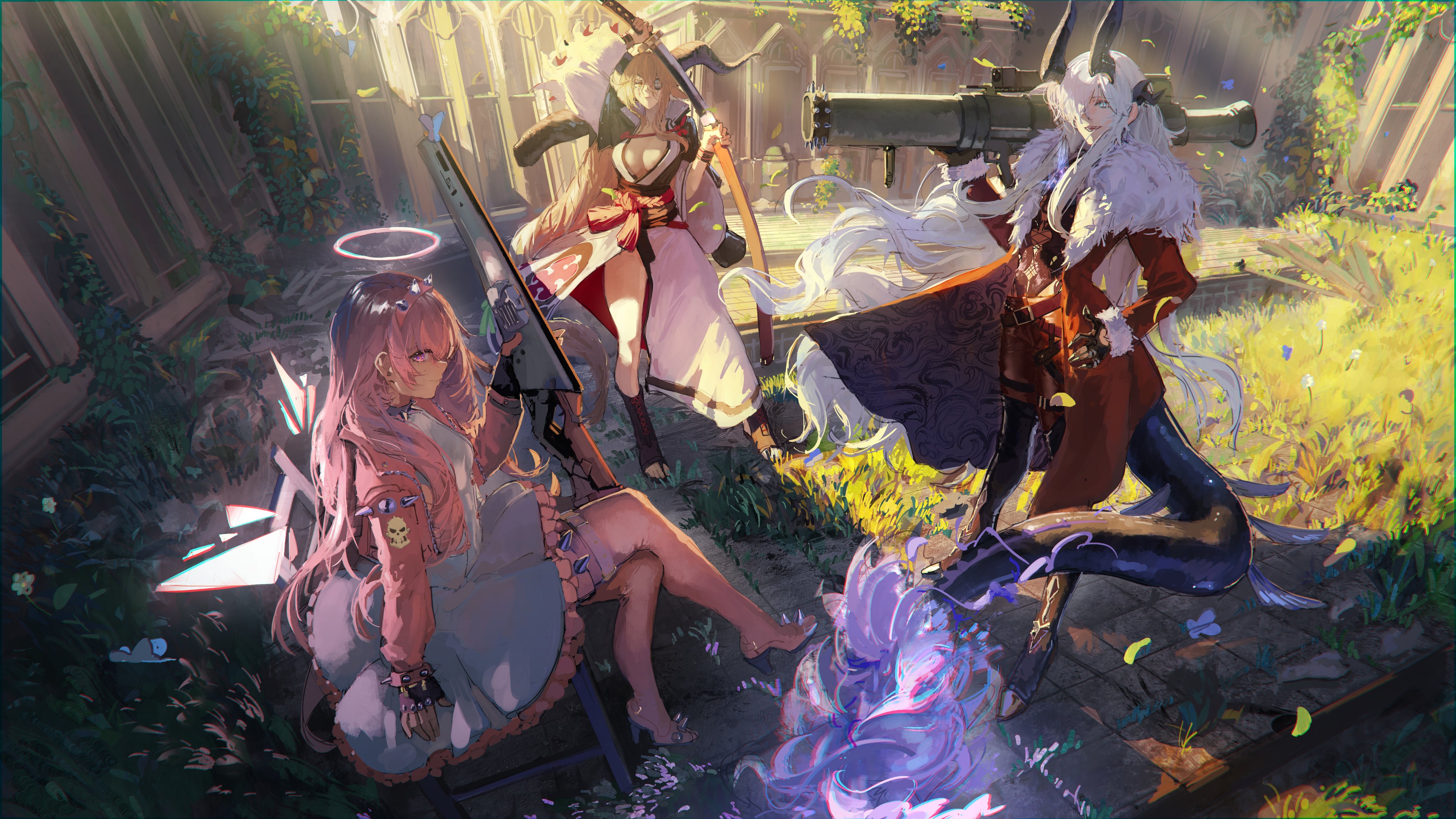 gandy (gan3e46), anna williams, baiken, degenbrecher (arknights), elphelt valentine, lemuen (arknights), necrass (arknights), arknights, absurdres, commentary, commission, highres, 1girl, 3girls, alternate costume, animal ears, anna williams (cosplay), aqua eyes, arm up, baiken (cosplay), black boots, black gloves, black horns, black kimono, blonde hair, boots, bracelet, breasts, chair, choker, cleavage, closed mouth, clothing cutout, coat, cosplay, cross-laced clothes, cross-laced top, crossed legs, cupping hand, diagonal bangs, dragon girl, dragon horns, dragon tail, dress, elphelt valentine (cosplay), energy wings, explosion, eyepatch, facial tattoo, fingerless gloves, full body, fur-trimmed coat, fur-trimmed sleeves, fur trim, glove cutout, gloves, goat ears, goat girl, goat horns, grass, gun, hair over one eye, hair over shoulder, hairband, halo, holding, holding gun, holding rocket launcher, holding weapon, horns, jacket, japanese clothes, jewelry, katana, kimono, large breasts, light smile, long hair, long sidelocks, looking at viewer, multicolored kimono, multiple girls, no bra, obi, on chair, on grass, on ground, one-eyed, open-toe boots, open clothes, open coat, outdoors, pants, pink boots, pink eyes, pink halo, pink jacket, plant, red coat, red kimono, red pants, rifle, rocket launcher, rope belt, sash, scar, scar across eye, scar on face, sheath, short dress, sidelocks, sitting, skull print, spiked bracelet, spiked choker, spiked hairband, spiked jacket, spiked legwear garter, spiked thighlet, spikes, standing, sword, tail, tattoo, thigh boots, thighs, weapon, white hair, white kimono