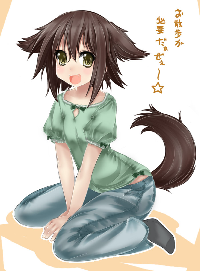 abubu, kusakabe misao, lucky star, translated, 00s, 1girl, :d, animal ears, arm support, brown hair, dog ears, dog tail, fang, feet, female focus, open mouth, sitting, smile, socks, solo, tail, yellow eyes