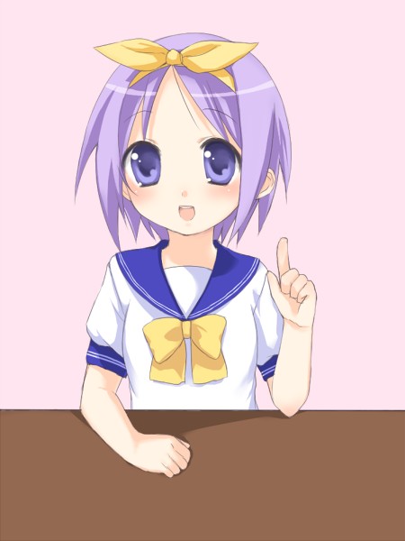 usashiro mani, hiiragi tsukasa, lucky star, 00s, 1girl, :d, blue eyes, blush, bow, bowtie, female focus, hair bow, index finger raised, looking at viewer, open mouth, pink hair, sailor collar, school uniform, serafuku, shirt, short hair, short sleeves, smile, solo, table, upper body, white shirt, yellow bow, yellow bowtie