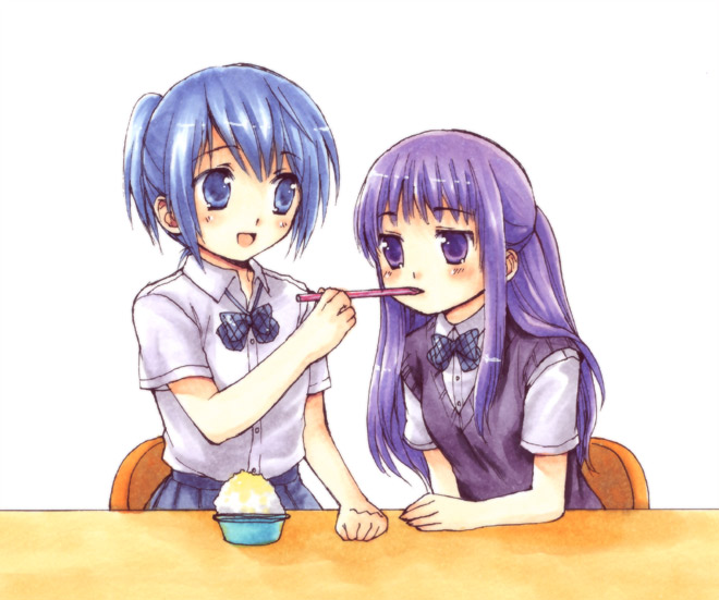 usashiro mani, original, 2girls, :d, blue eyes, blue hair, blush, feeding, food, multiple girls, open mouth, purple eyes, purple hair, school uniform, shaved ice, smile, sweater vest
