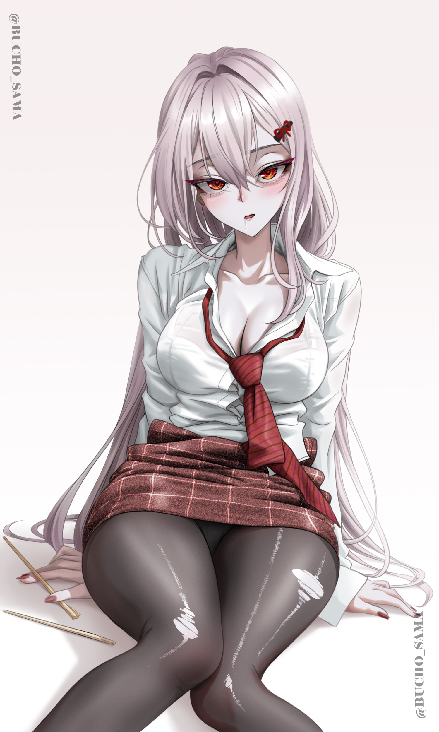 bucho sama, scarlet (nikke), goddess of victory: nikke, absurdres, highres, 1girl, black pantyhose, blush, breasts, brown eyes, cleavage cutout, clothing cutout, collarbone, hair between eyes, heart, heart-shaped pupils, large breasts, long hair, looking at viewer, miniskirt, necktie, open mouth, panties, panties under pantyhose, pantyhose, pencil skirt, pink hair, red nails, red necktie, red skirt, saliva, sidelocks, skirt, solo, symbol-shaped pupils, torn clothes, torn pantyhose, underwear
