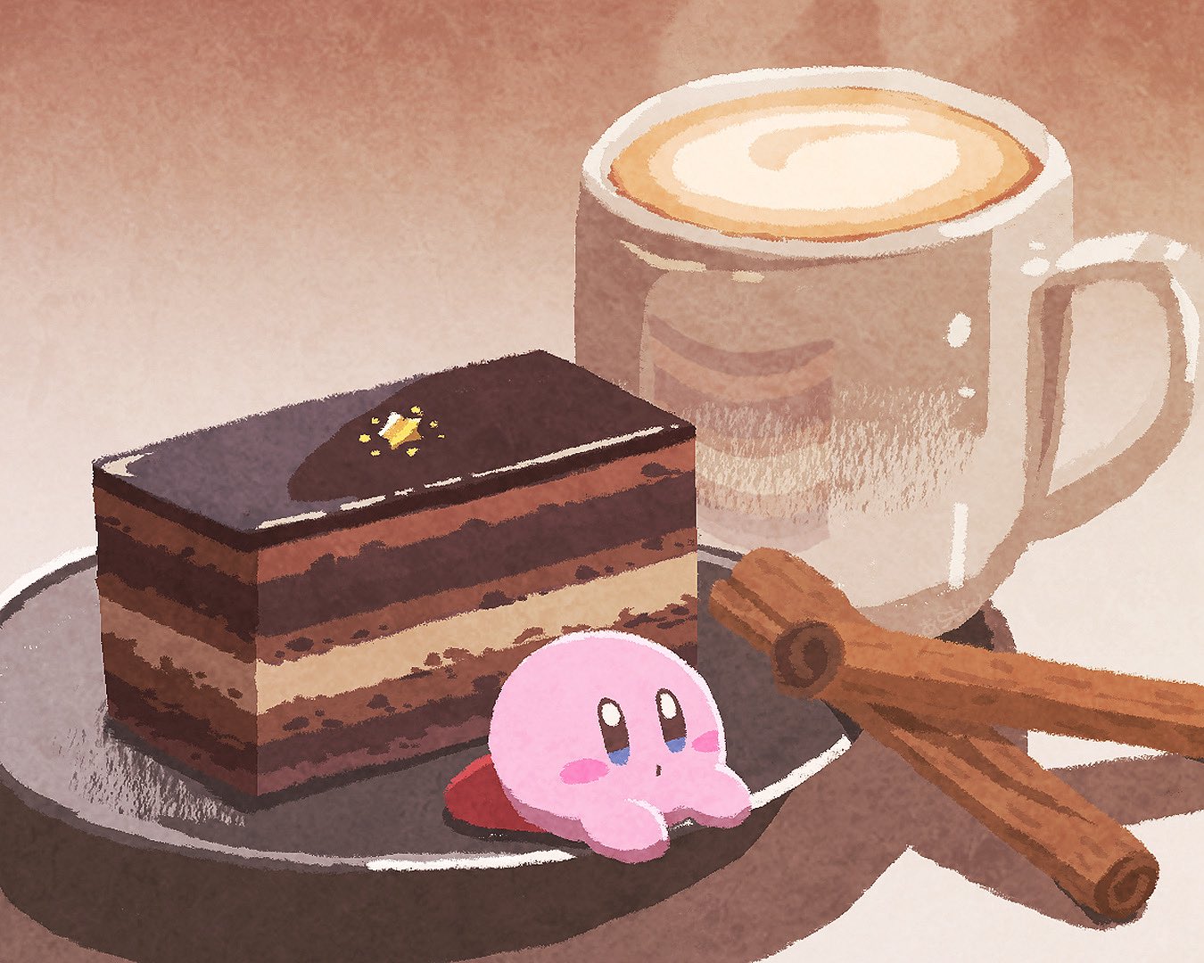 miclot, kirby, kirby (series), nintendo, commentary, symbol-only commentary, blue eyes, blush stickers, cake, cake slice, chocolate cake, closed mouth, coffee, coffee mug, cup, food, food focus, mug, no humans, plate, solo