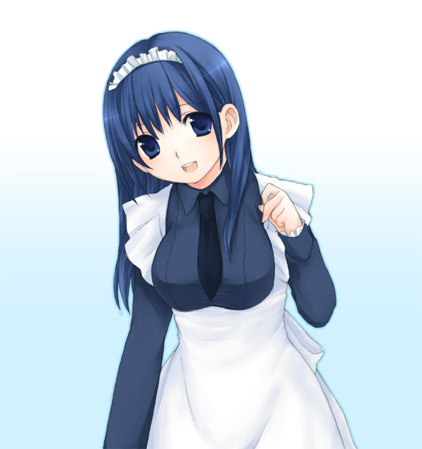usashiro mani, original, 1girl, apron, black necktie, blue eyes, blue hair, breasts, female focus, gradient background, large breasts, long sleeves, looking at viewer, maid, maid apron, maid headdress, matching hair/eyes, necktie, simple background, solo, waist apron