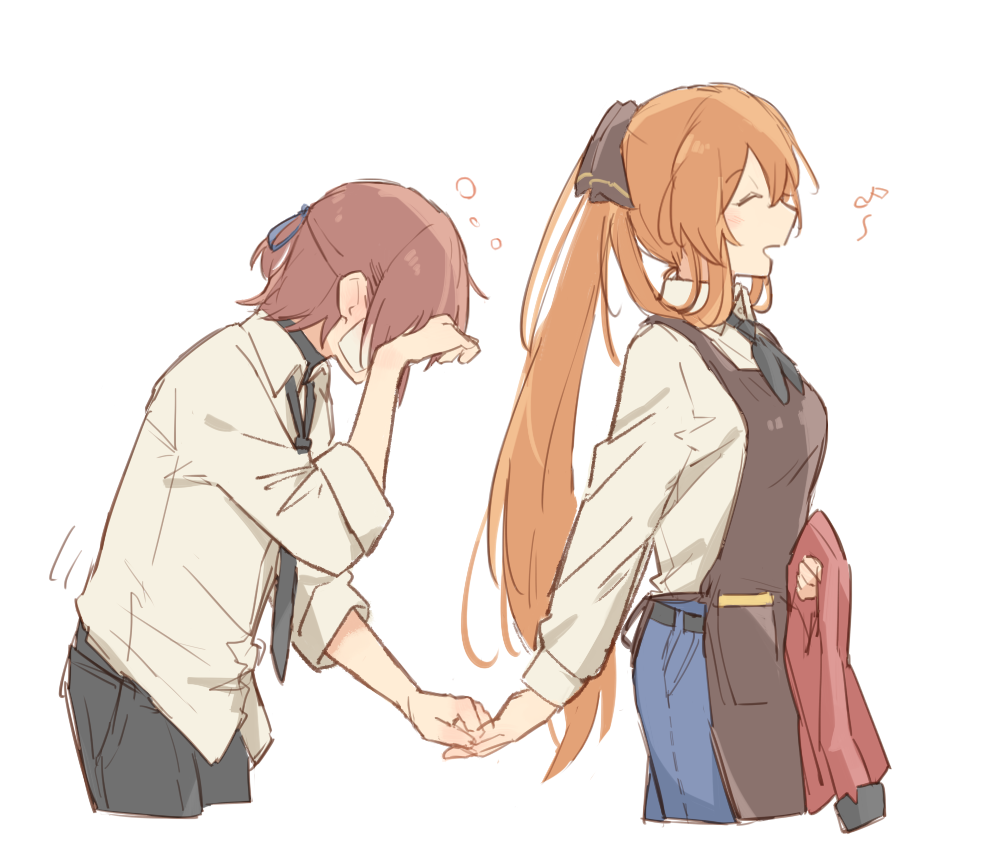 xinhao, commander (girls' frontline), grizzly mkv (girls' frontline), springfield (girls' frontline), girls' frontline, blush, closed mouth, coat, collared shirt, denim, griffin & kryuger military uniform, jeans, long hair, long sleeves, pants, red coat, shirt, short hair