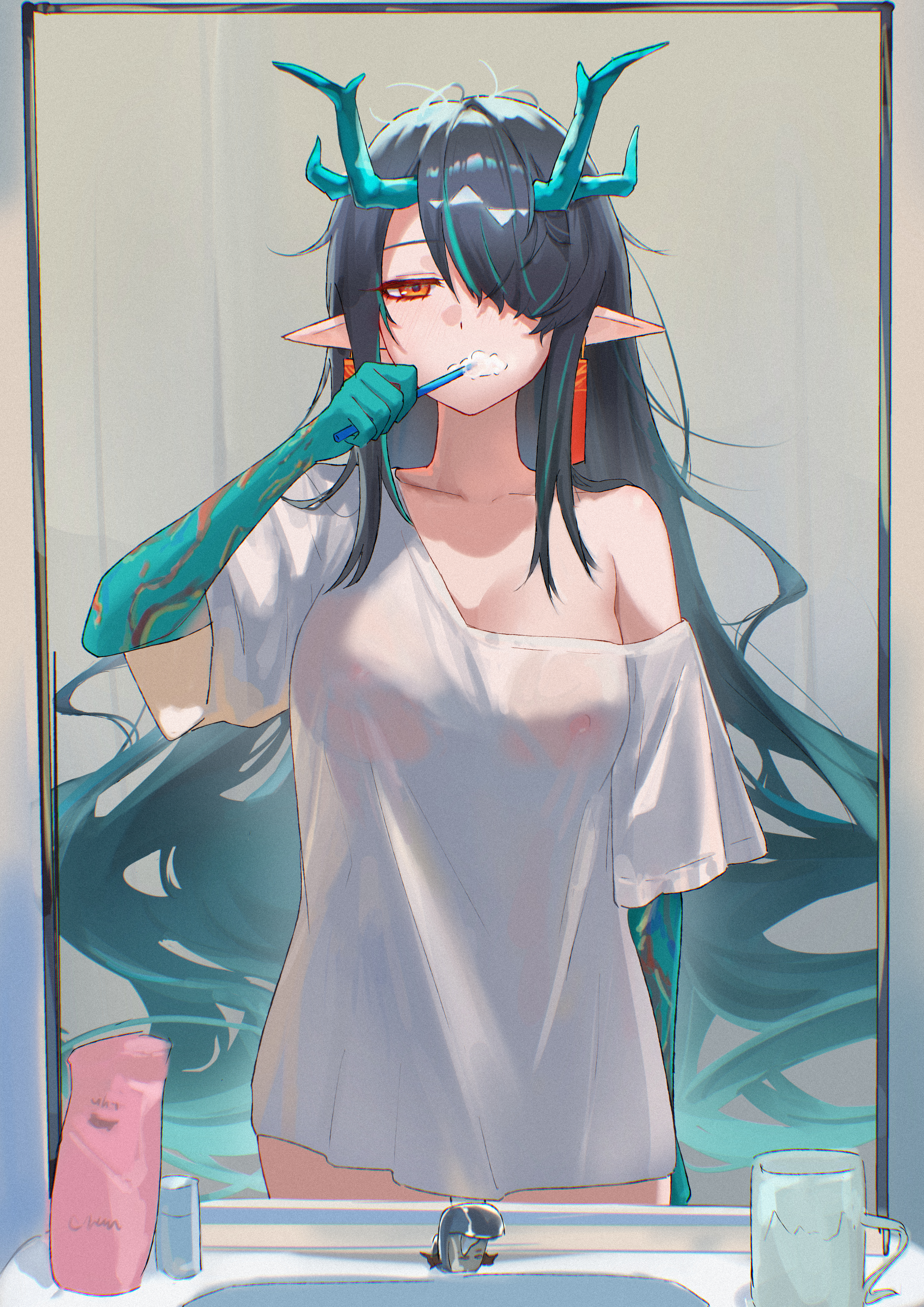 uof, dusk (arknights), arknights, absurdres, highres, 1girl, alternate costume, black hair, breasts, colored extremities, covered erect nipples, cup, dragon girl, dragon horns, dragon tail, earrings, faucet, green hands, green horns, hair over one eye, hanafuda earrings, holding, holding toothbrush, horns, jewelry, large breasts, long hair, long sleeves, mirror, mug, naked shirt, pointy ears, red eyes, reflection, reflection focus, shirt, single bare shoulder, single off shoulder, solo, tail, toothbrush, toothbrush in mouth, very long hair, white shirt