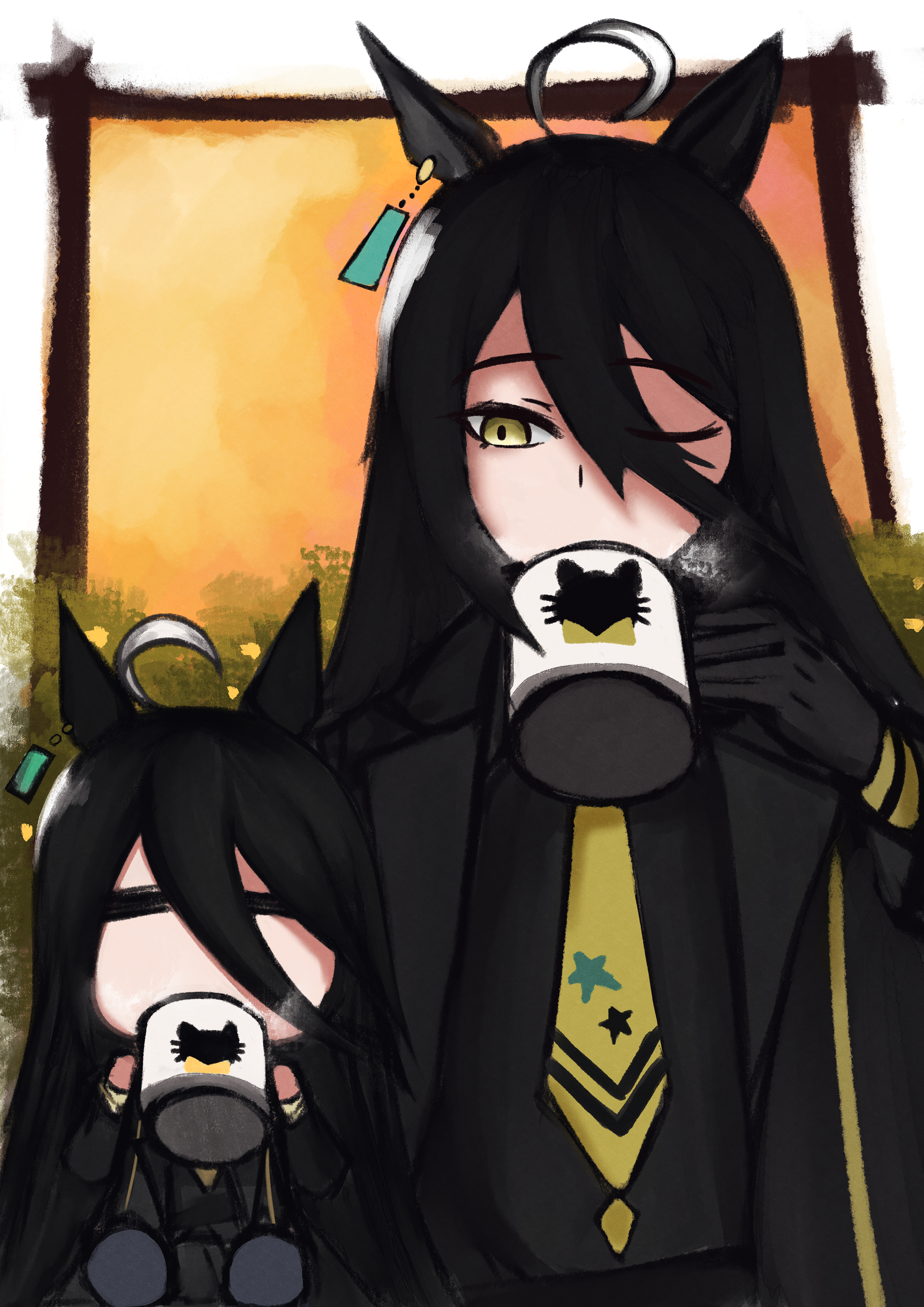 manhattan cafe (umamusume), umamusume, absurdres, highres, 2girls, ahoge, animal ears, animal print, black coat, black gloves, black hair, black shirt, black skirt, cat print, closed mouth, coat, cup, ear ornament, ear tag, earrings, gloves, hair between eyes, holding, holding cup, horse ears, horse girl, jewelry, long hair, long hair between eyes, long sleeves, mini person, minigirl, mug, multicolored hair, multiple girls, necktie, one eye closed, open clothes, open coat, pleated skirt, shirt, single earring, skirt, verstand xx, very long hair, white hair, yellow necktie