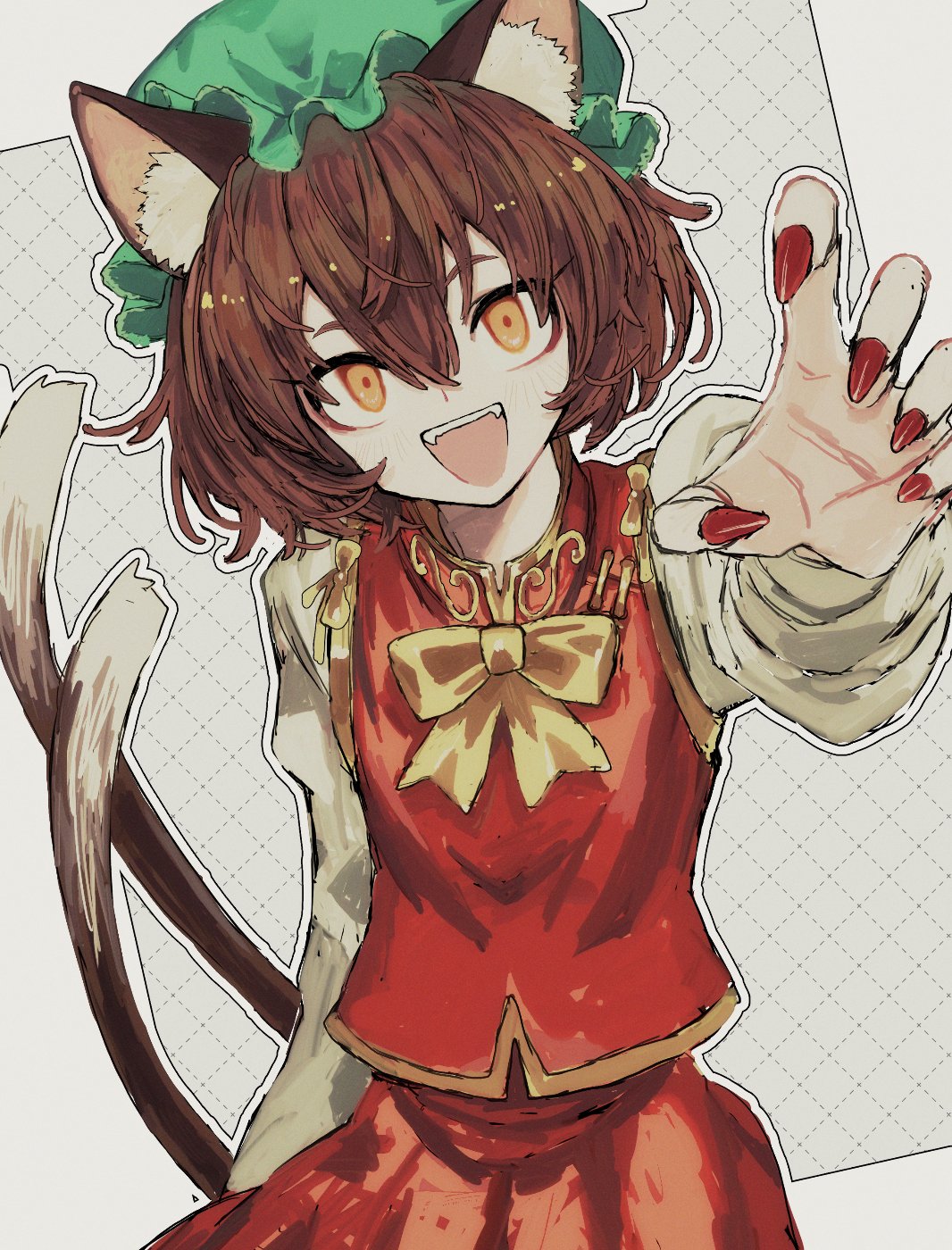 maikeru (dk maikel), chen, touhou, commentary, english commentary, highres, 1girl, :d, animal ear fluff, animal ears, arm up, bow, bowtie, brown eyes, brown hair, cat ears, cat tail, cowboy shot, double-parted bangs, eyebrows hidden by hair, fangs, fingernails, foreshortening, frills, gold trim, green hat, hair between eyes, hand up, hat, juliet sleeves, long fingernails, long sleeves, looking at viewer, mob cap, multiple tails, nail polish, nekomata, open mouth, outline, perspective, puffy sleeves, red nails, red skirt, red vest, short hair, skirt, skirt set, smile, solo, tail, teeth, two tails, upper teeth only, vest, white outline, yellow bow, yellow bowtie