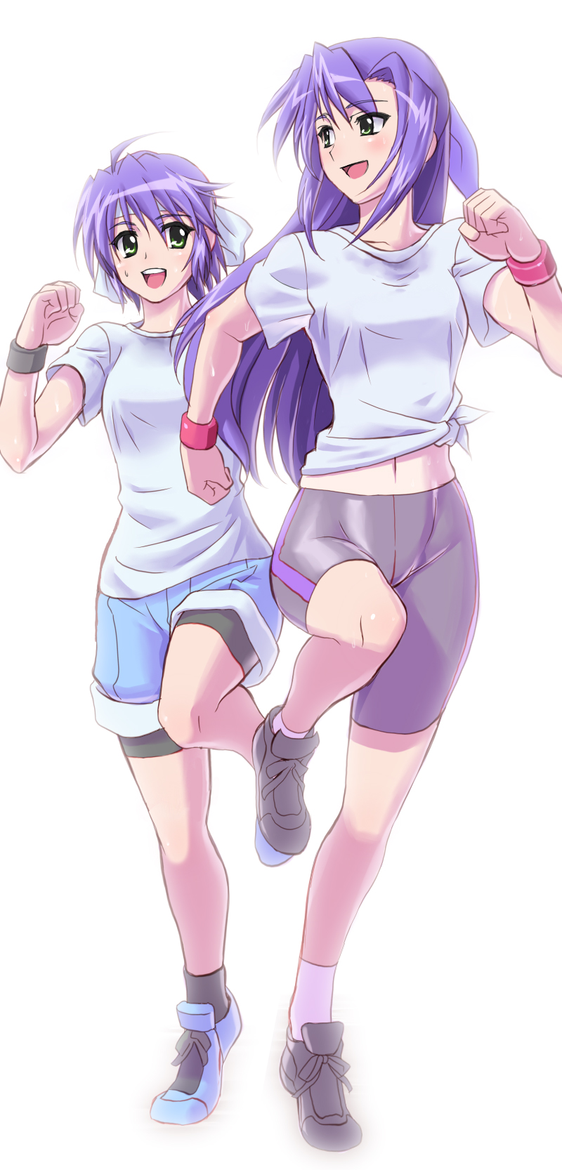 g-tetsu, ginga nakajima, subaru nakajima, lyrical nanoha, mahou shoujo lyrical nanoha, mahou shoujo lyrical nanoha strikers, highres, 00s, 2girls, blush, green eyes, long hair, multiple girls, purple hair, short hair, siblings, sisters