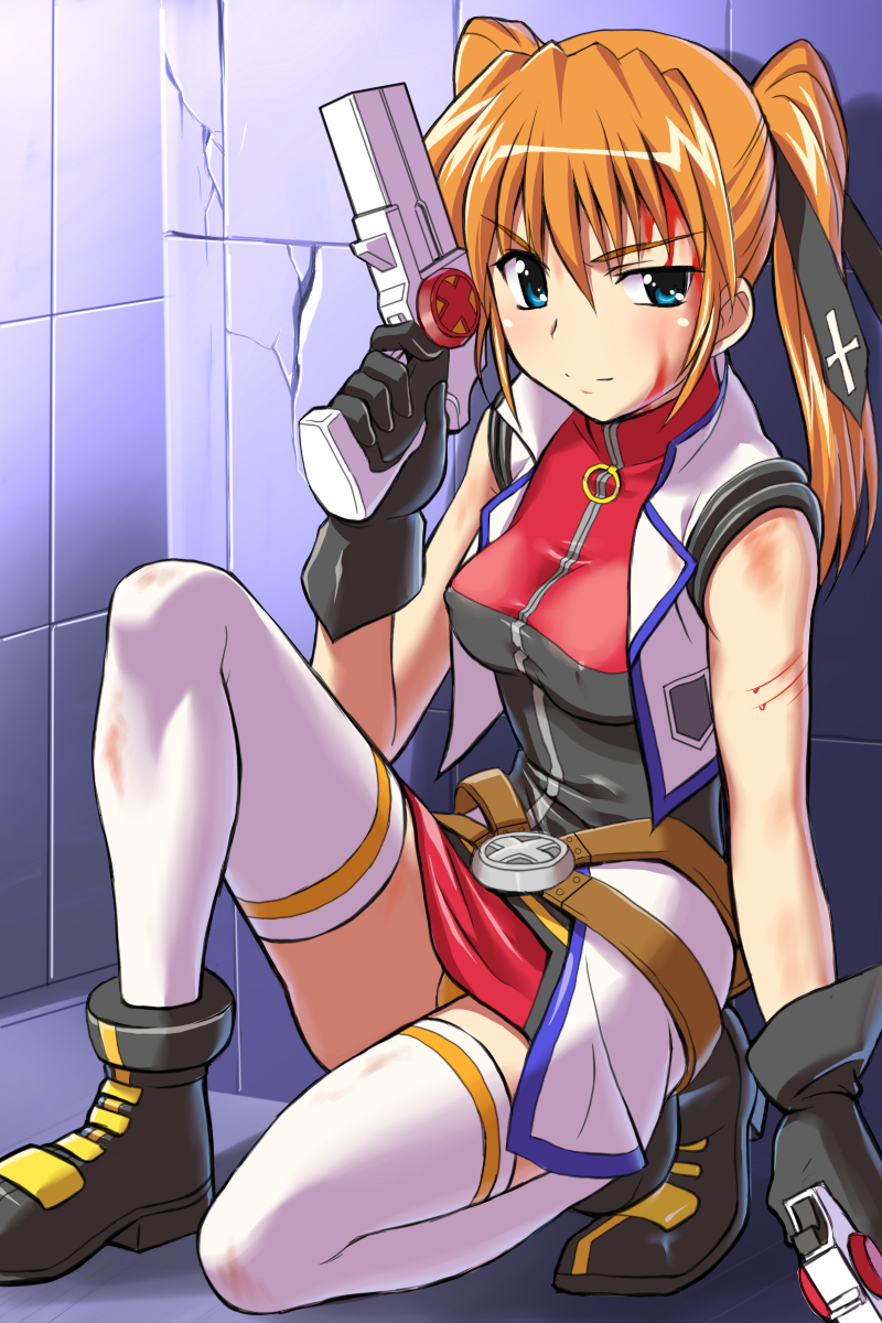 g-tetsu, cross mirage, teana lanster, lyrical nanoha, mahou shoujo lyrical nanoha, mahou shoujo lyrical nanoha strikers, highres, 00s, 1girl, bleeding, blood, blood on face, female focus, gun, injury, panties, solo, thighhighs, underwear, weapon, zettai ryouiki