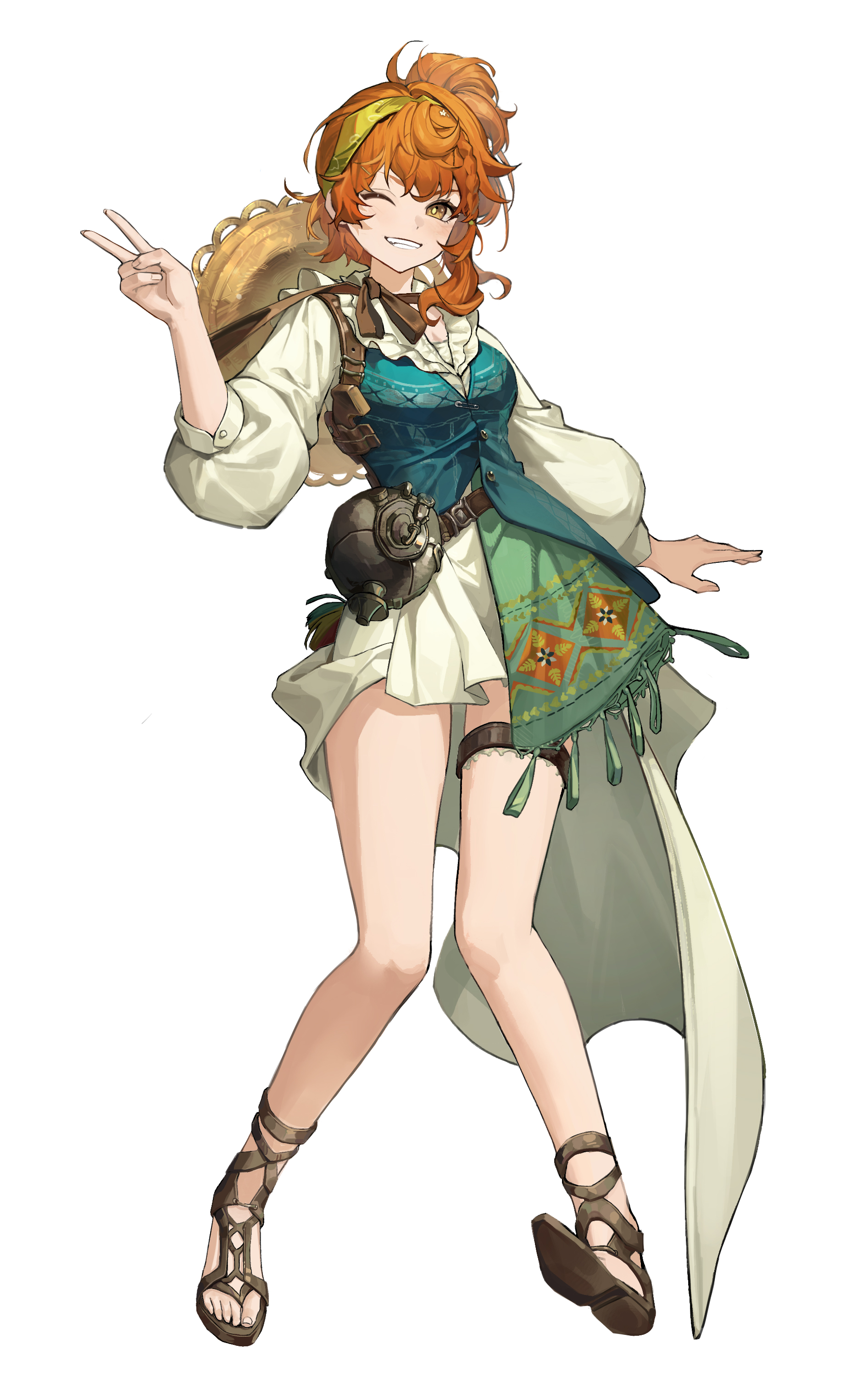 crucible, lopera (reverse:1999), reverse:1999, absurdres, highres, 1girl, baise bodian, blue vest, brown hat, brown sandals, full body, green hairband, grin, hairband, hand up, hat, hat on back, holster, long hair, long sleeves, looking at viewer, miniskirt, one eye closed, orange eyes, orange hair, puffy long sleeves, puffy sleeves, sandals, shirt, shoulder holster, side ponytail, skirt, smile, solo, standing, straw hat, teeth, thigh strap, v, vest, white background, white shirt, white skirt