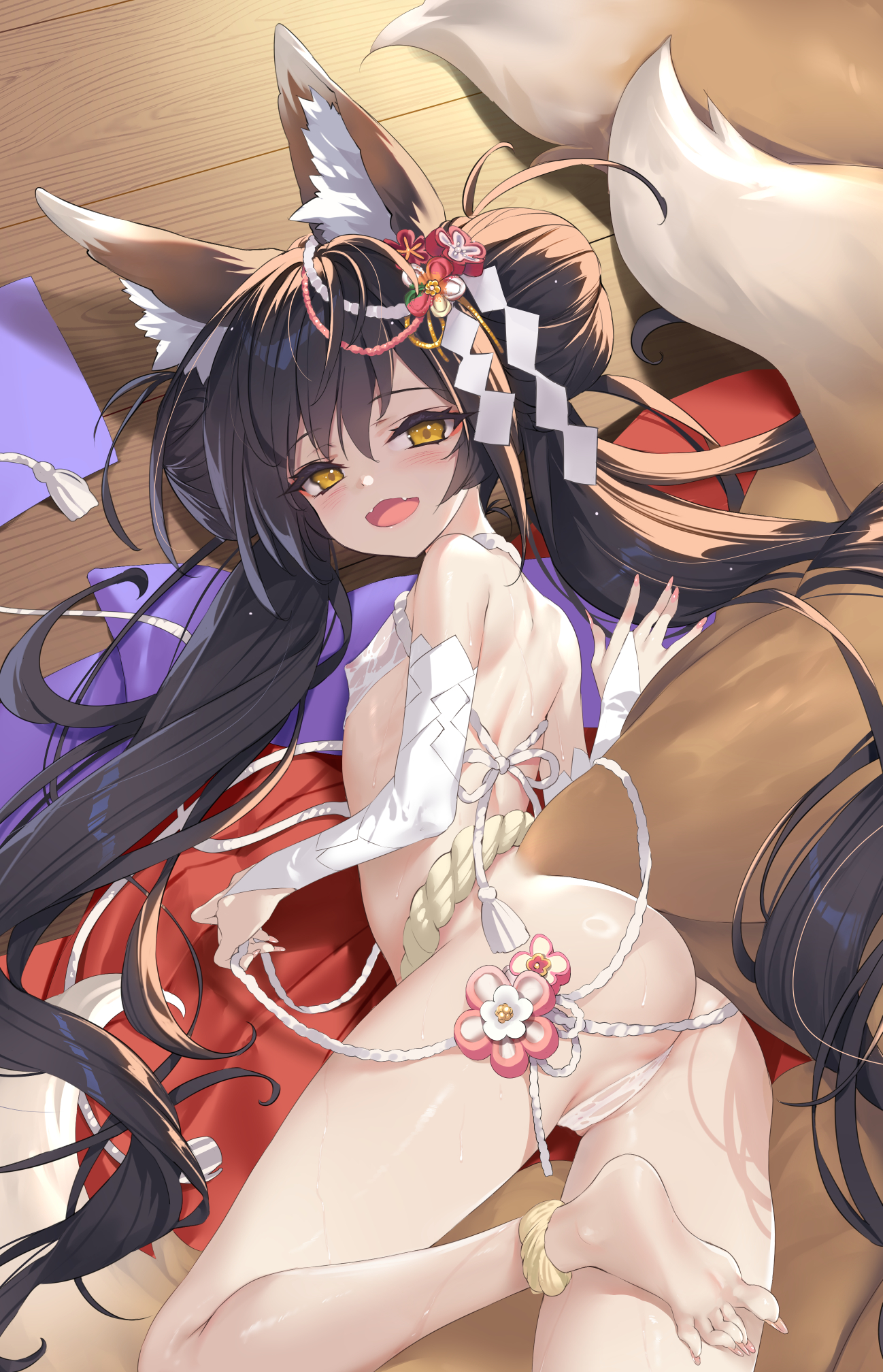 tsurusaki takahiro, original, covered pussy, highres, 1girl, :d, animal ear fluff, animal ears, ass, barefoot, black hair, blush, bridal gauntlets, covered erect nipples, double bun, fang, fingernails, flat chest, fox ears, fox girl, fox tail, hair between eyes, hair bun, hair ornament, large tail, long fingernails, long hair, long toenails, looking at viewer, lying, nail polish, on side, open mouth, pink nails, smile, solo, tail, toenails, twintails, yellow eyes