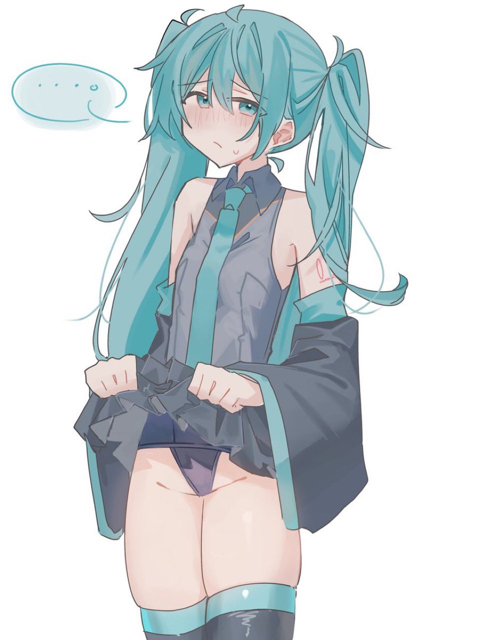 remon cola, hatsune miku, vocaloid, hashtag-only commentary, highres, …, 1girl, :/, aqua eyes, aqua hair, aqua necktie, bare shoulders, black boots, black one-piece swimsuit, boots, clothes lift, detached sleeves, grey shirt, long hair, necktie, number tattoo, one-piece swimsuit, school swimsuit, shirt, shoulder tattoo, simple background, skindentation, skirt, skirt lift, sleeveless, sleeveless shirt, solo, speech bubble, spoken ellipsis, swimsuit, swimsuit under clothes, tattoo, thigh boots, twintails, white background