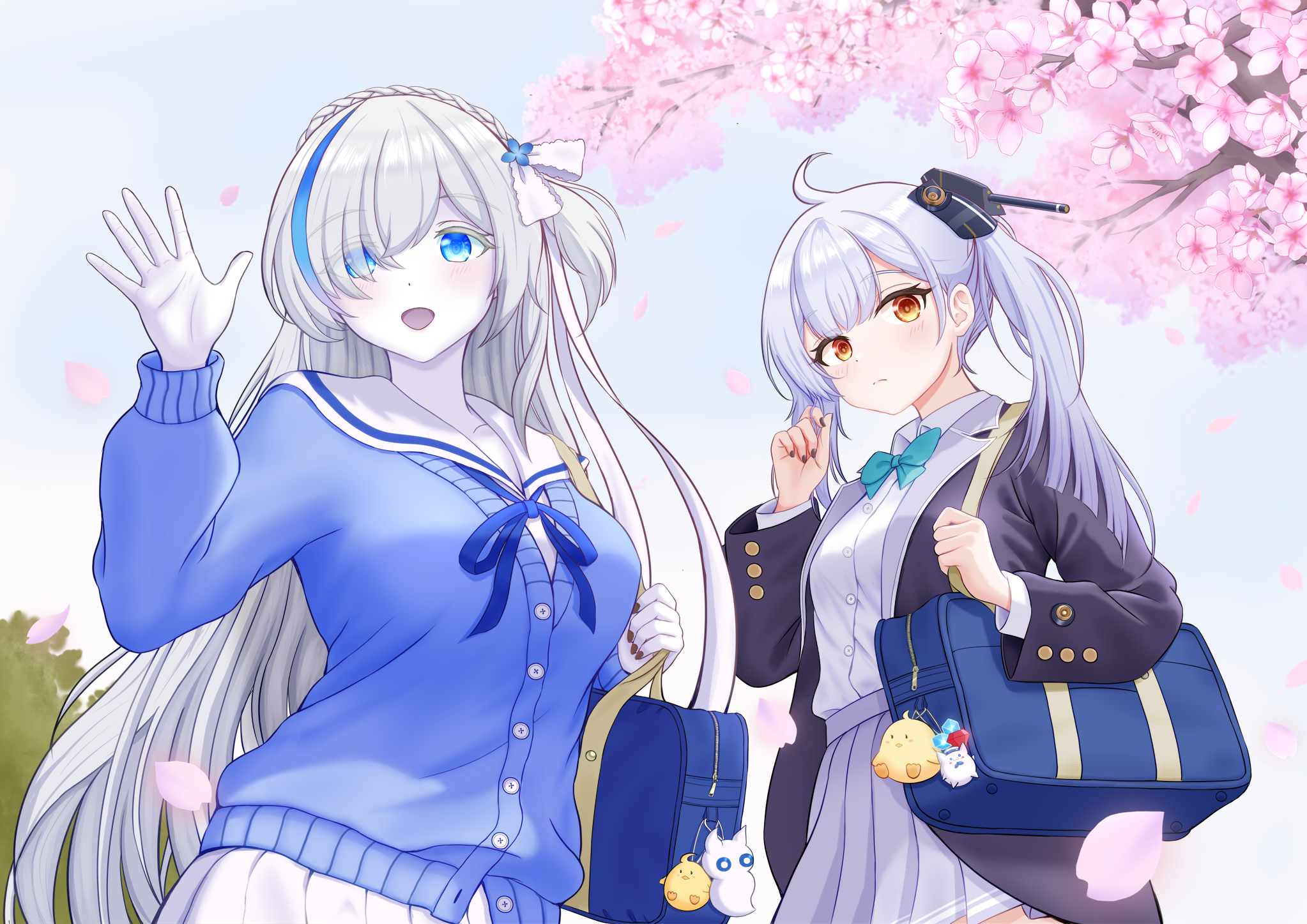 shinkyuu, siren (azur lane), tb (azur lane), tb (type-s) (azur lane), azur lane, highres, 2girls, :d, bag, black jacket, black nails, blazer, blue bow, blue bowtie, blue eyes, blue hair, blue ribbon, blue skirt, blush, bow, bowtie, breasts, cherry blossoms, collared shirt, colored skin, day, dress, frilled dress, frills, hair between eyes, hair over one eye, hand up, hands up, happy, headgear, jacket, light frown, long hair, looking at viewer, looking down, medium breasts, miniskirt, multicolored hair, multiple girls, nail polish, neck ribbon, oceana (azur lane), open clothes, open jacket, open mouth, outdoors, pleated skirt, ribbon, rigging, ship turret, shirt, shoulder bag, side ponytail, skirt, small breasts, smile, streaked hair, two-tone hair, upper body, very long hair, waving, white hair, white shirt, white skin, white skirt, yellow eyes