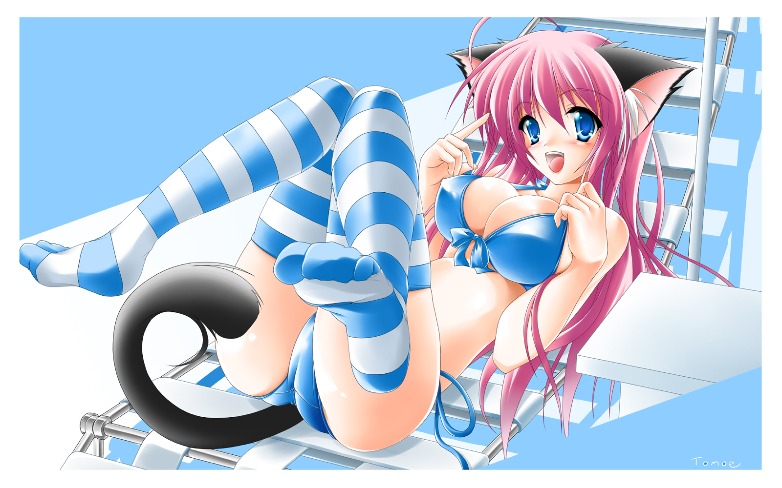 kamiya tomoe, highres, 1girl, animal ears, bikini, blue eyes, breasts, cat ears, cat tail, chair, cleavage, female focus, front-tie top, legs, long hair, lounge chair, open mouth, pink hair, side-tie bikini bottom, solo, striped clothes, striped thighhighs, swimsuit, tail, thighhighs, toe scrunch, toes