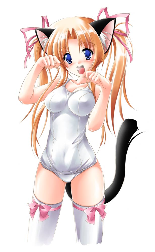 kamiya tomoe, original, 1girl, animal ears, breasts, cat ears, cat tail, female focus, hair ribbon, large breasts, one-piece swimsuit, open mouth, ribbon, school swimsuit, solo, swimsuit, tail, thighhighs, twintails, white one-piece swimsuit, white school swimsuit