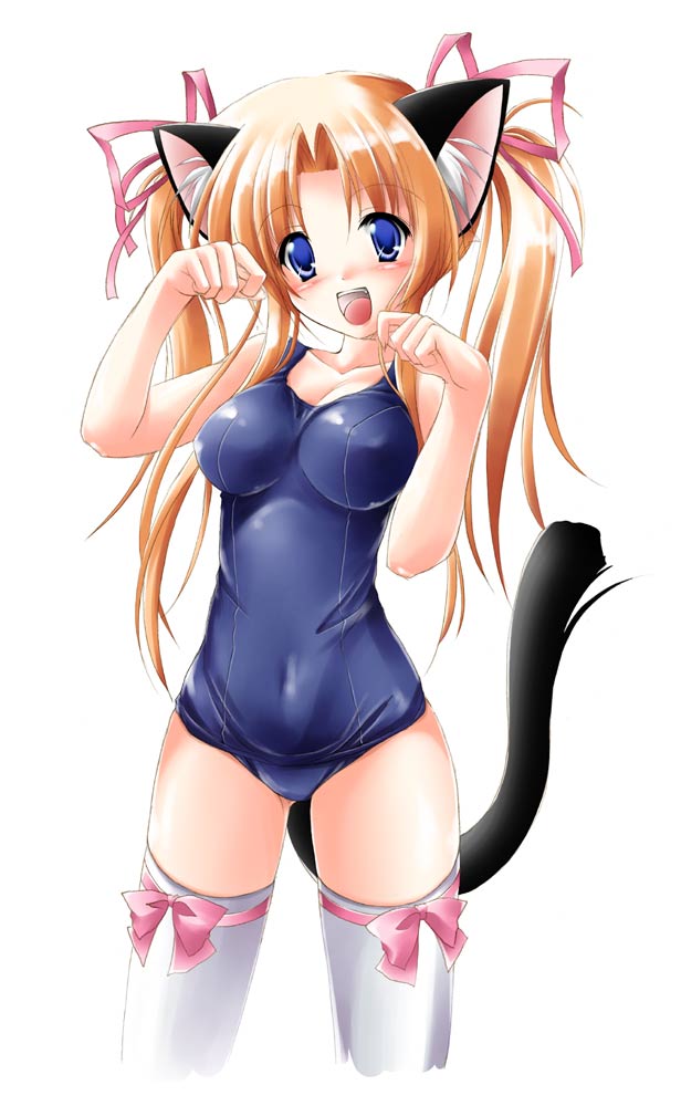 1girl, animal ears, blonde hair, blue eyes, cat ears, cat tail, female focus, one-piece swimsuit, paw pose, school swimsuit, solo, swimsuit, tail, thighhighs, twintails