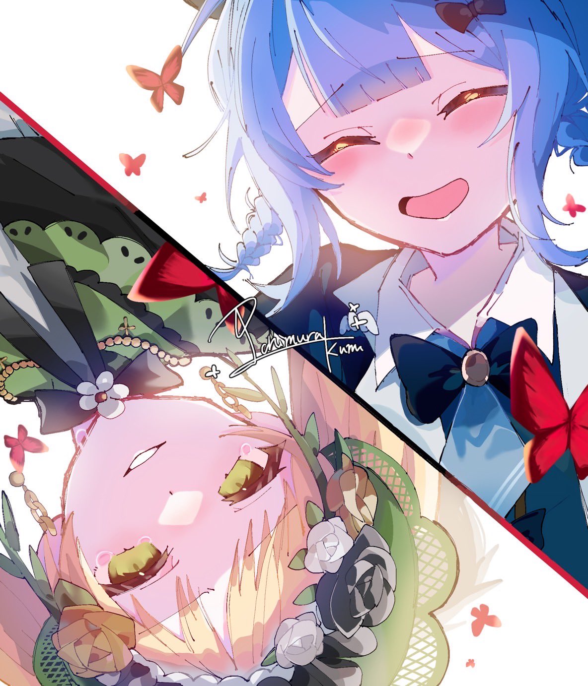 tachibana sherry, toono hanna, mahou shoujo no majo saiban, commentary request, highres, 2girls, ^ ^, black flower, black rose, blonde hair, blue hair, blue necktie, blunt bangs, bonnet, braid, braided hair rings, bug, butterfly, closed eyes, detective, flower, green eyes, hair rings, ichimura-kun, insect, lolita fashion, magical girl, multiple girls, necktie, open mouth, red butterfly, rose, sad smile, short hair, signature, smile, split screen, tearing up, tears, upper body, upside-down, white background, white flower, white rose, yellow flower, yellow rose
