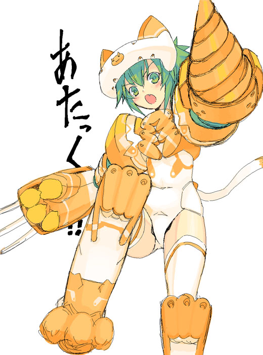 satou atsuki, maochao, busou shinki, >:o, 10s, 1girl, :o, animal ears, animal hands, animal print, armor, blush, cat, cat ears, cat print, cat tail, claws, drill, fang, female focus, fighting stance, green eyes, green hair, headgear, jumping, leotard, looking at viewer, matching hair/eyes, mecha musume, open mouth, short hair, shouting, simple background, sketch, solo, tail, thighhighs, v-shaped eyebrows, weapon, white background, white thighhighs