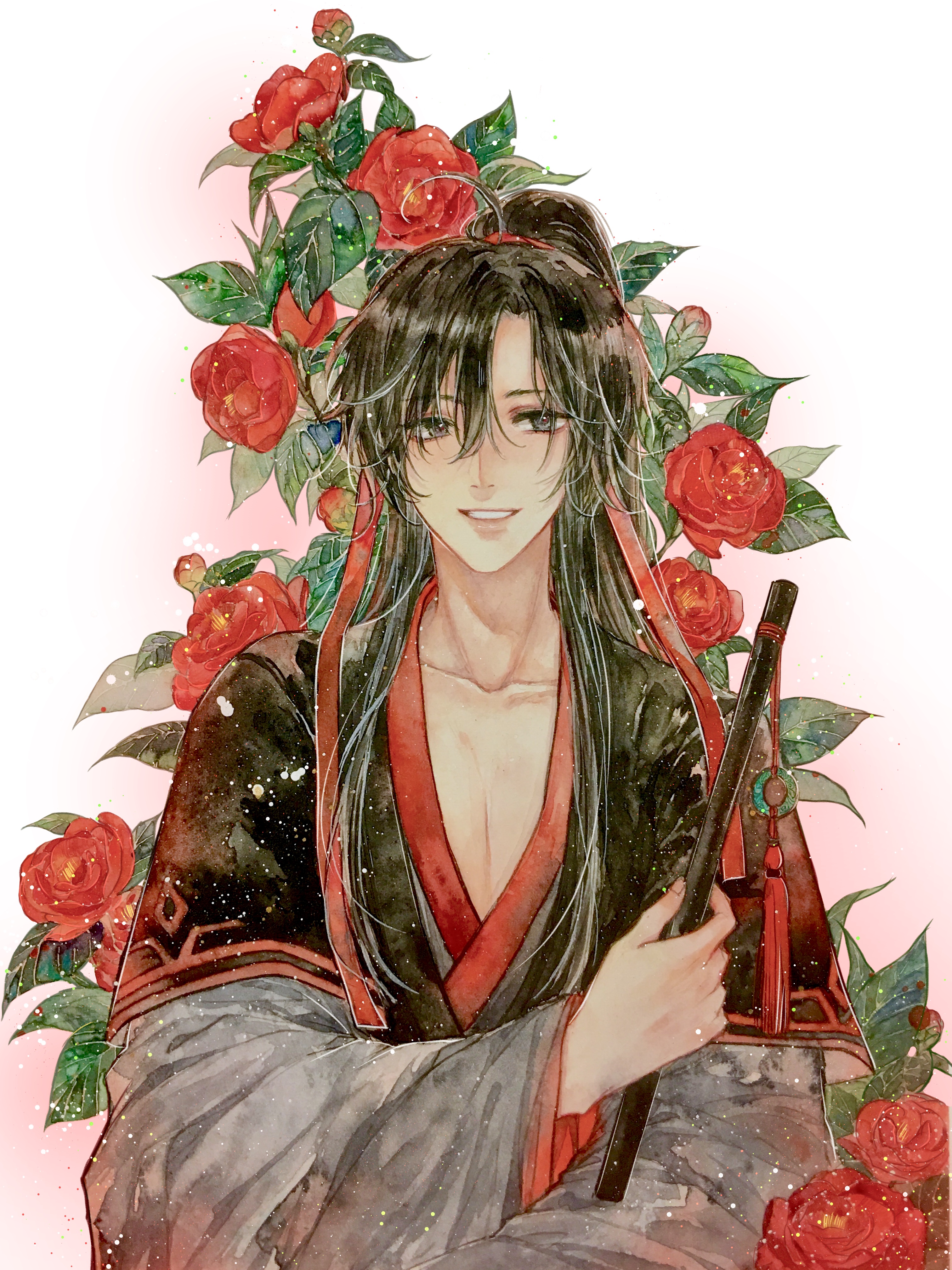 wei wuxian, modao zushi, absurdres, highres, painting (medium), traditional media, watercolor (medium), 1boy, ahoge, bishounen, black eyes, black hair, black hanfu, chenqing flute, chinese clothes, collarbone, dizi, floral background, flower, flute, flute tassel, grin, hair between eyes, hair ribbon, hanfu, high ponytail, holding, holding flute, holding instrument, instrument, leaf, light particles, long hair, long sleeves, looking at viewer, male focus, parted lips, pectoral cleavage, pectorals, ponytail, red flower, red ribbon, ribbon, robe, rose, smile, solo, takatakamii, tassel, transverse flute, upper body, white background, wide sleeves