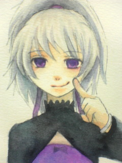 yin (darker than black), darker than black, lowres, traditional media, 00s, 1girl, dress, female focus, fingersmile, grey hair, hair ribbon, long sleeves, ponytail, purple dress, purple eyes, purple ribbon, qvga, ribbon, solo