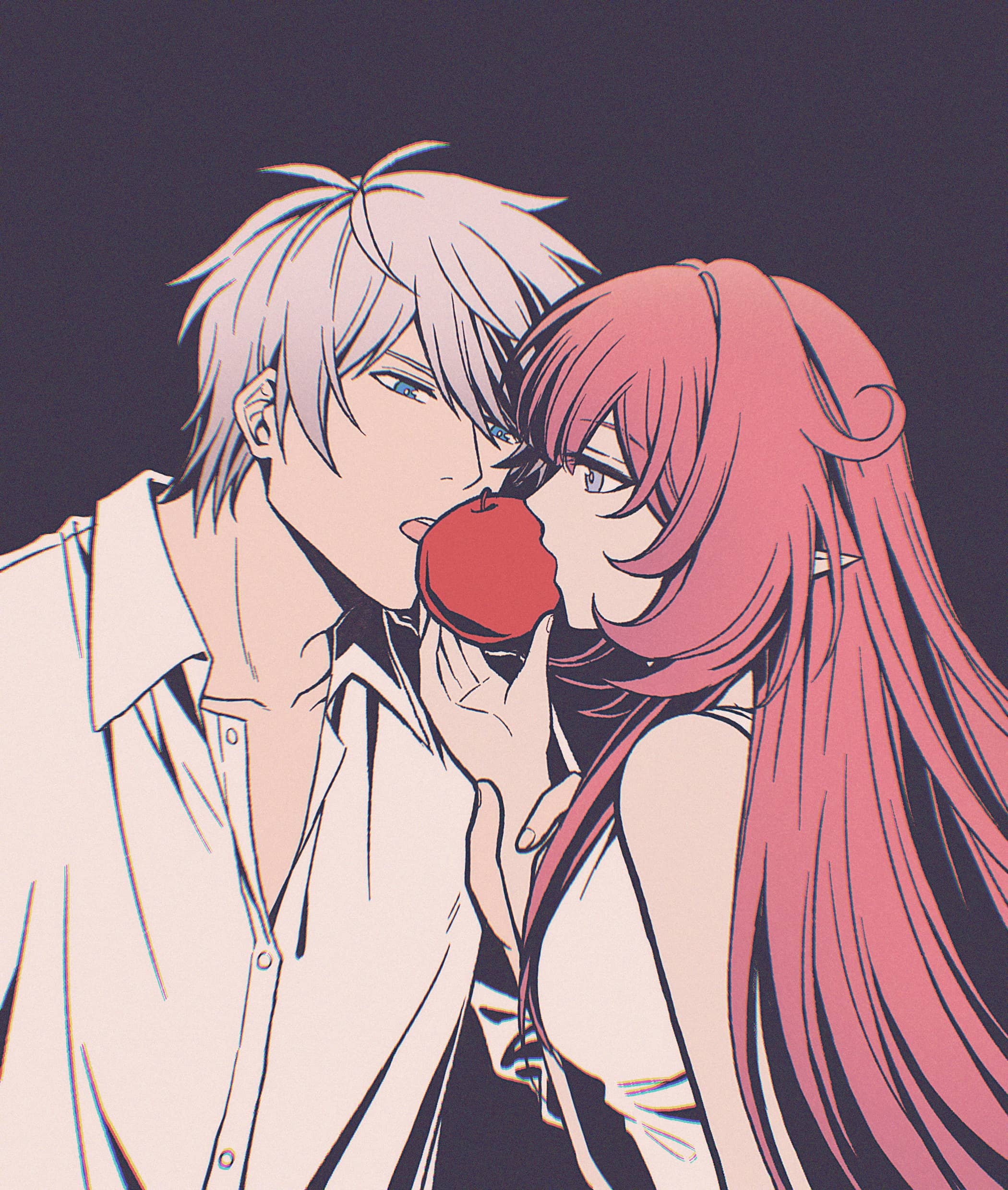 elysia (honkai impact), kevin kaslana, honkai (series), honkai impact 3rd, absurdres, highres, 1boy, 1girl, apple, blue eyes, breasts, couple, dress, elf, food, fruit, grey background, hetero, holding, holding food, holding fruit, large breasts, long hair, pink hair, pointy ears, purple eyes, shirt, simple background, star (zhongyan88528), very long hair, white dress, white hair, white shirt