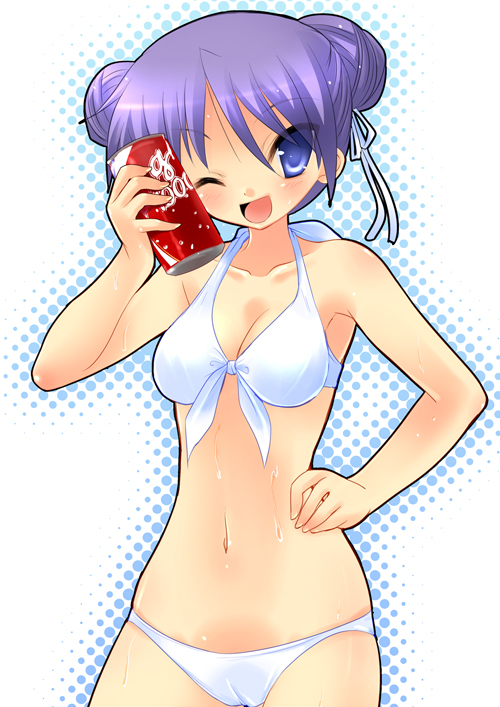 yukizuki chikuba, hiiragi kagami, lucky star, 00s, alternate hairstyle, bikini, double bun, one eye closed, solo, swimsuit, wink