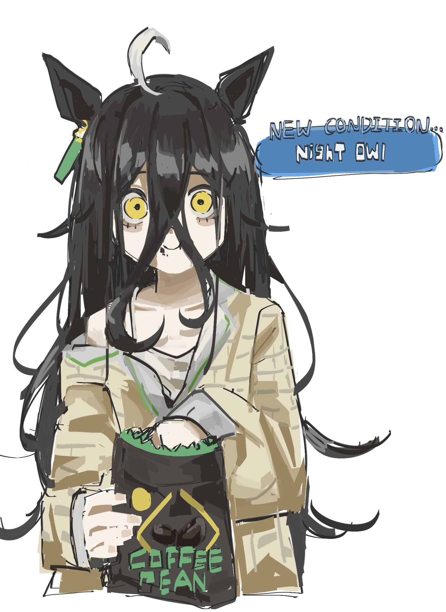 dom1, manhattan cafe (umamusume), umamusume, highres, 1girl, ahoge, animal ears, bag, bags under eyes, bare shoulders, camisole, closed mouth, coffee bag, coffee beans, collarbone, crossed bangs, crumbs, ear ornament, ear tag, earrings, eating, food, food on face, grey camisole, hair between eyes, holding, holding bag, horse ears, horse girl, jacket, jewelry, long bangs, long hair between eyes, long sleeves, multicolored hair, off shoulder, open clothes, open jacket, simple background, single earring, single off shoulder, solo, white background, white hair, yellow eyes, yellow jacket