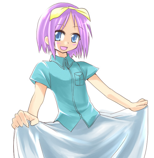 hane (hanegoya), hiiragi tsukasa, lucky star, 00s, 1girl, :d, blue eyes, blue skirt, cowboy shot, female focus, looking at viewer, open mouth, outstretched arms, pink hair, short hair, simple background, skirt, smile, solo, white background
